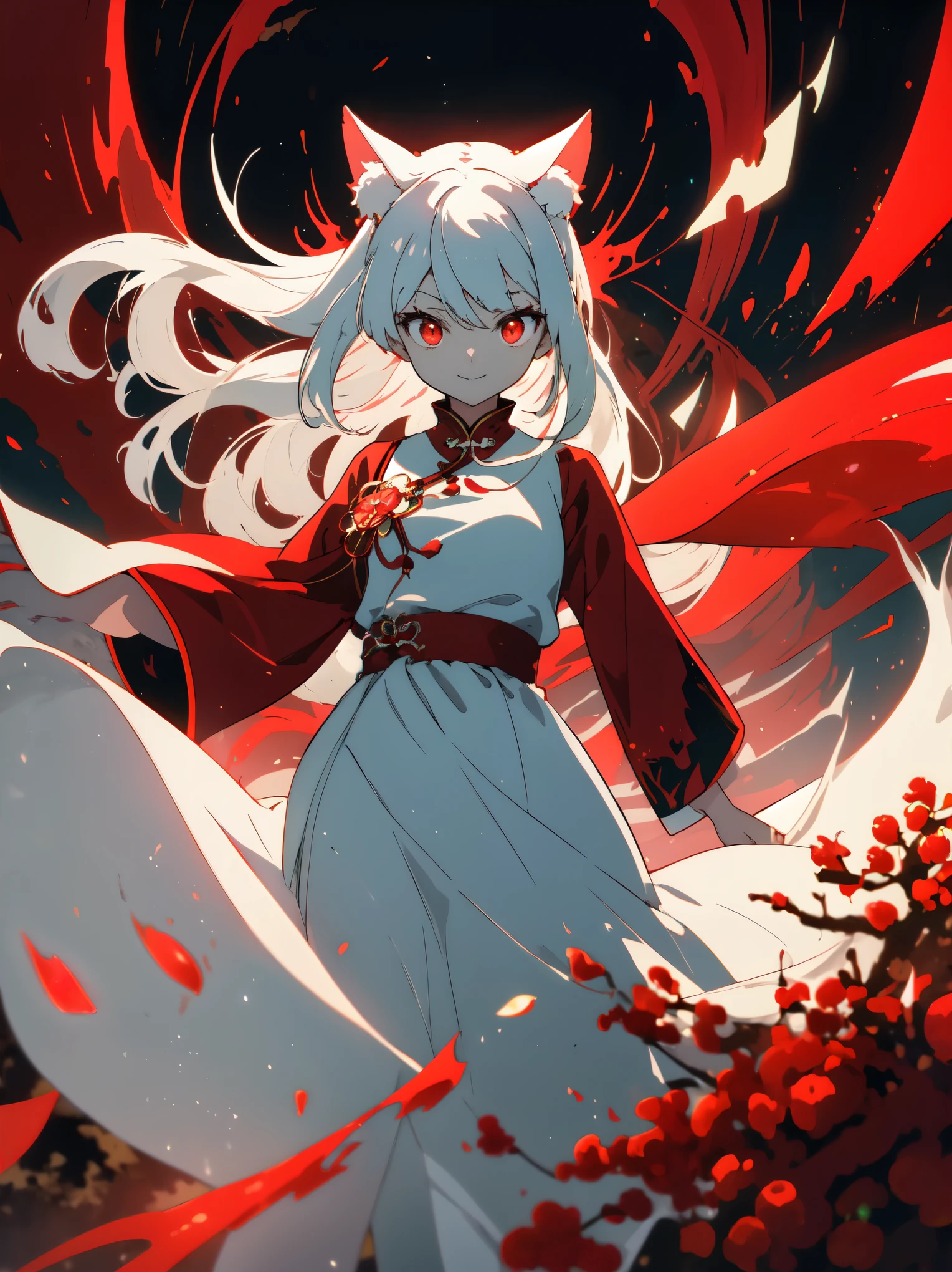 ((highest quality、masterpiece、glowing red eyes、detailed))、beautiful face、white cat ears、long white hair、red cheongsam、walking、smile anime style  、noon、Shrine precincts、beautiful anime、nature background