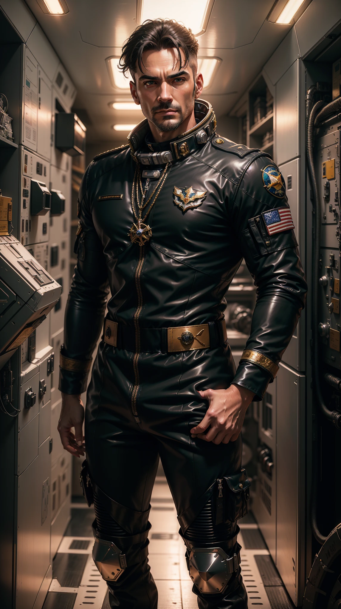 ((photorealism, high quality, detail, masterpiece, best quality:1.2)), (whole body) European strongman (40 years old), (appearance of David Gandhi) attractive facial features, black short hair and gray eyes, strong build, tanned skin, (((black military flight suit (uniform) made of fabric (leather))), ship commander ((admiral of the space fleet)), advanced spacecraft, dynamic composition, bright colors, sci-fi atmosphere,