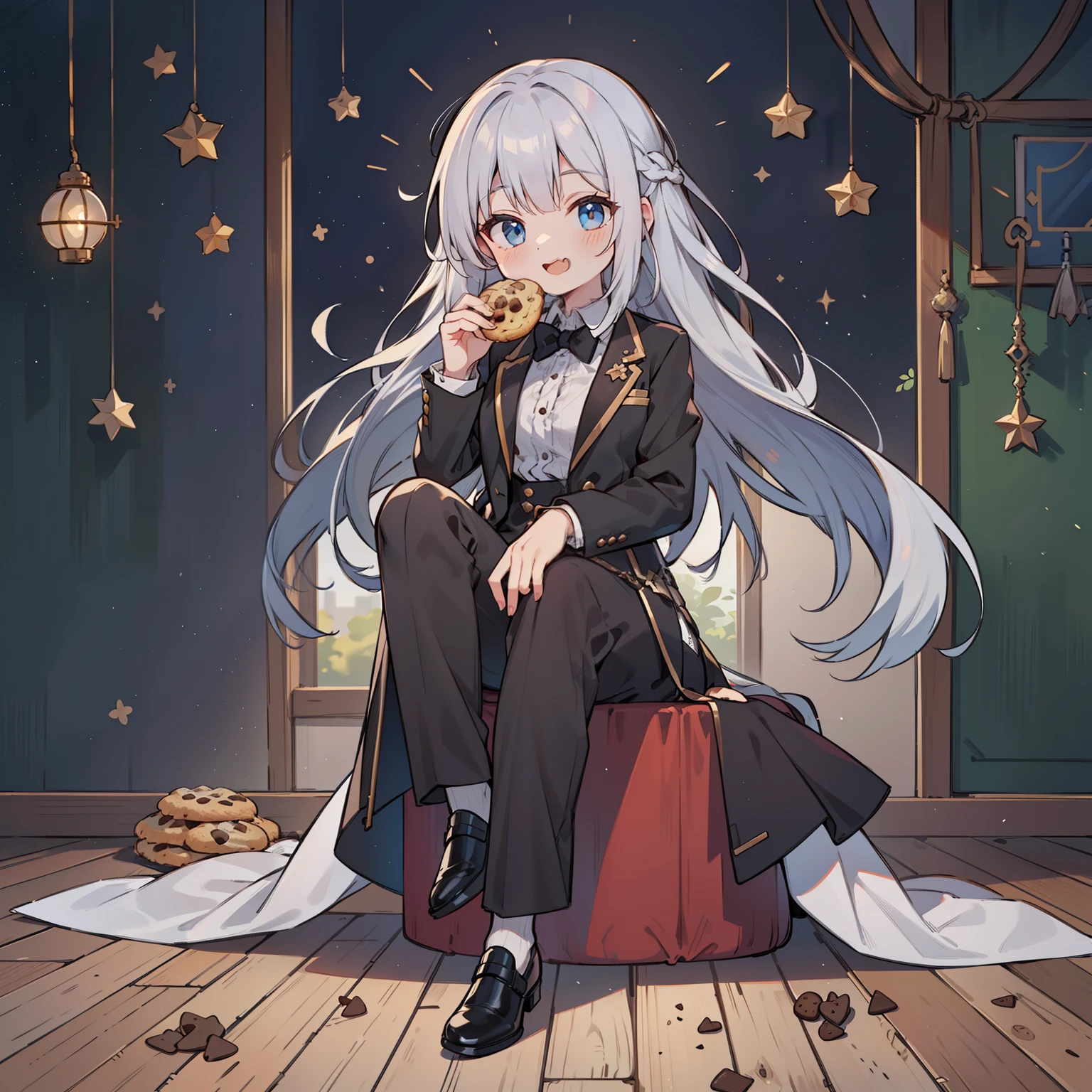 (long silver hair girl),((Eating cookies)),(Pants style with tuxedo),blue eyes,open your mouth, dull smile, Full body Esbian,(((a bit))),(alone),(best image quality, In 8K, masterpiece, Super detailed),