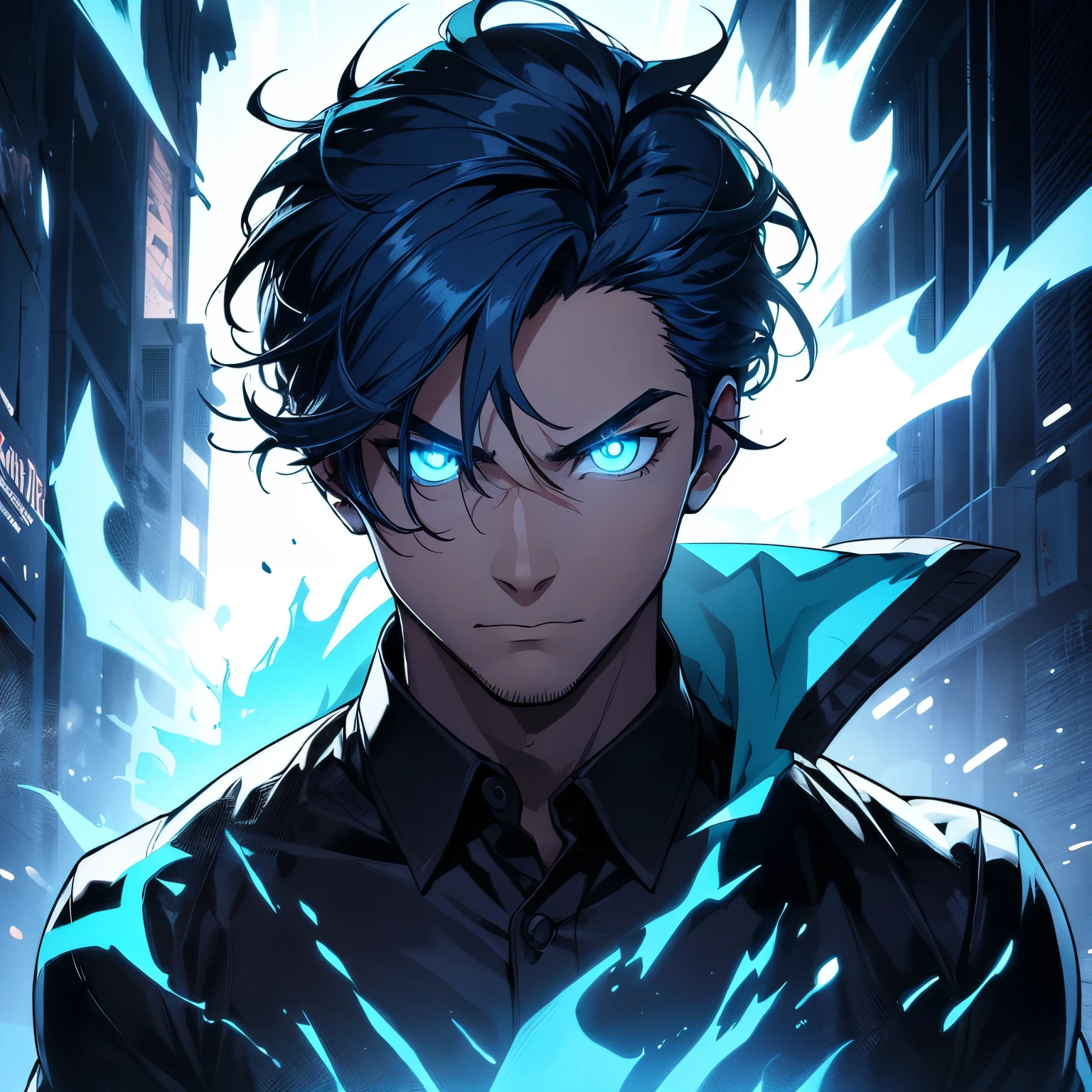 man, black silhouette, man, blue hair, blue shirt, blue eyes, glowing eyes, glowing blue eyes, combed back hair