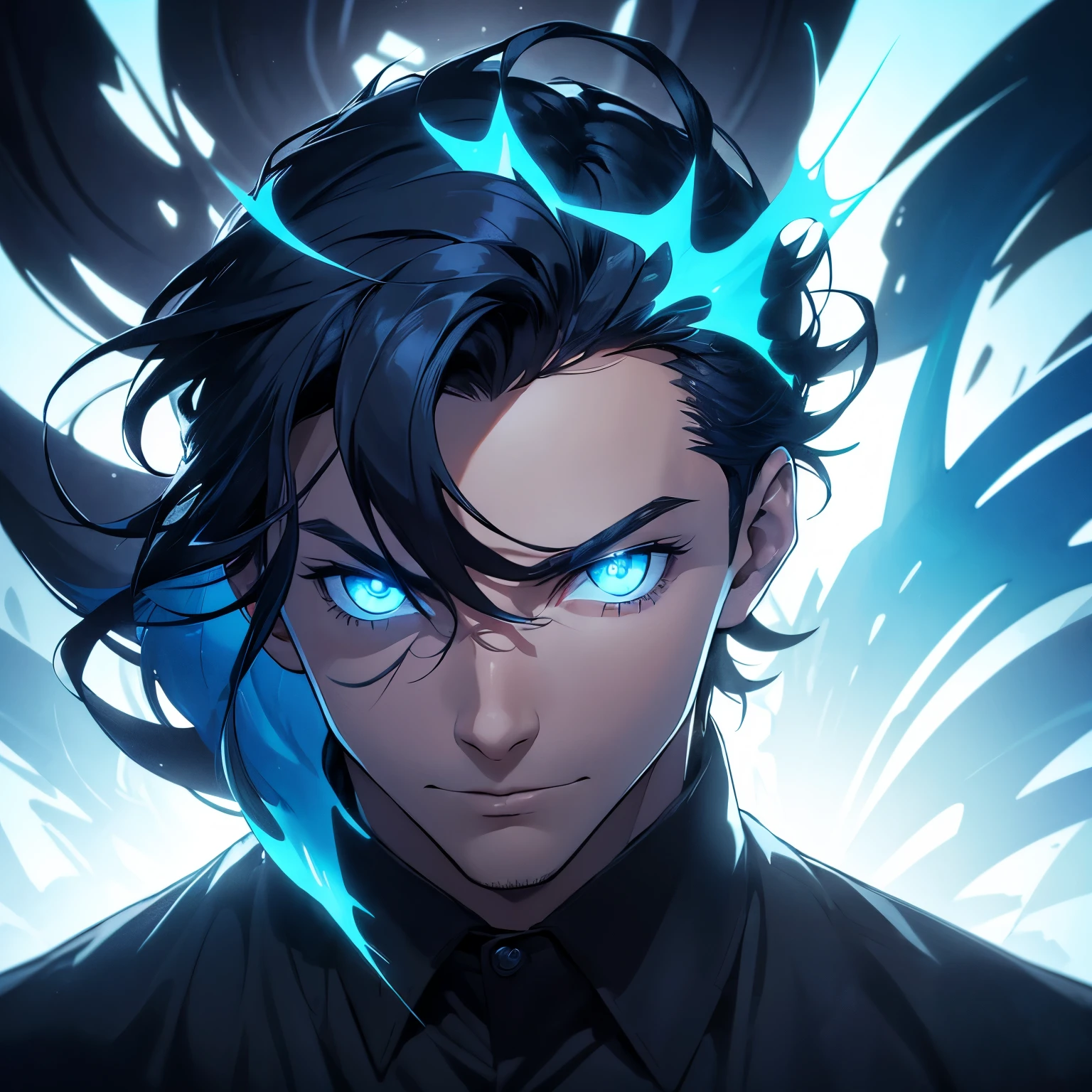 man, black silhouette, man, blue hair, blue shirt, blue eyes, glowing eyes, glowing blue eyes, combed back hair