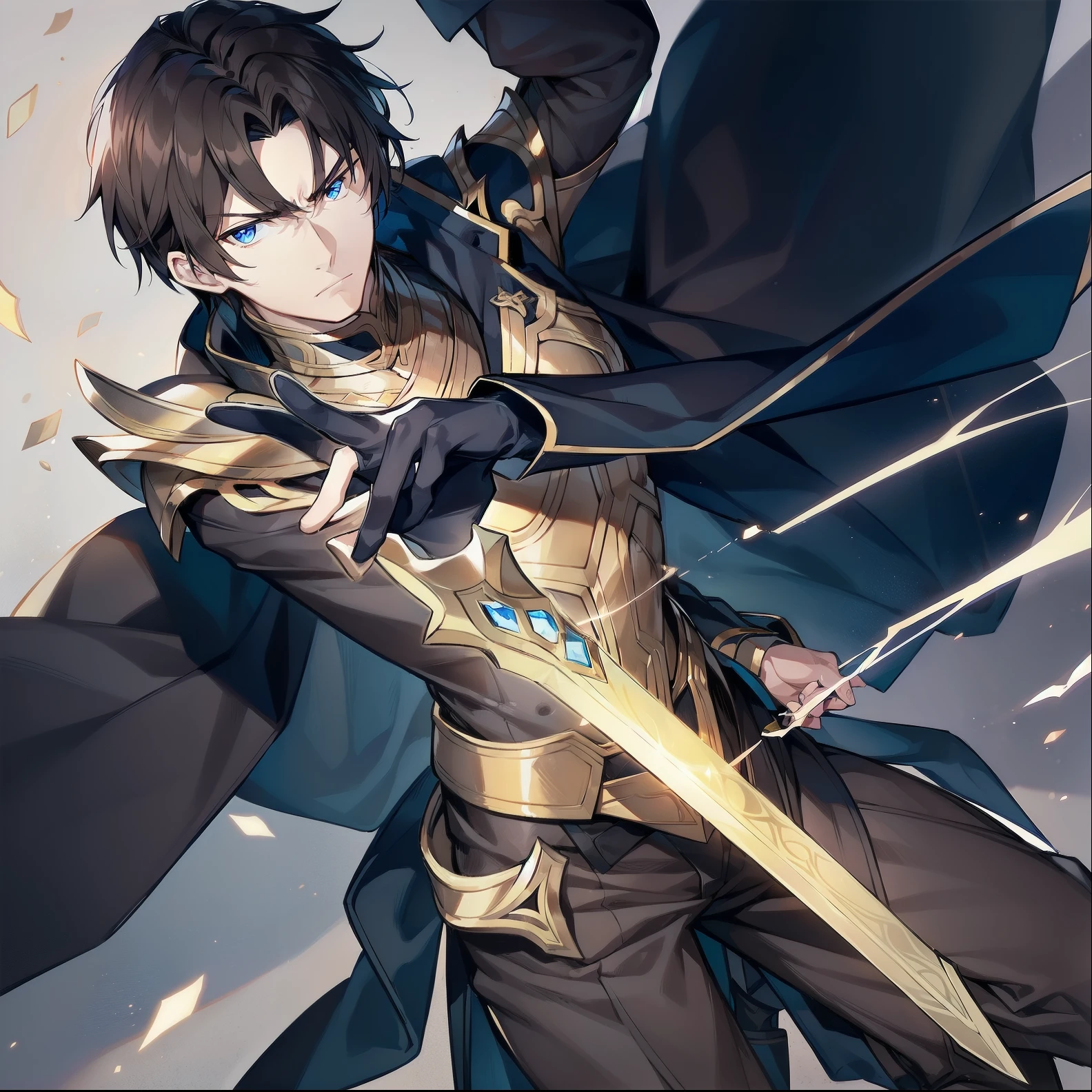 1 man, young man, dark brown hair, short hair, dark blue eyes, serious look, slender body, muscular body. Elegant golden armor, white clothes, golden metal gloves, silver sword blade.