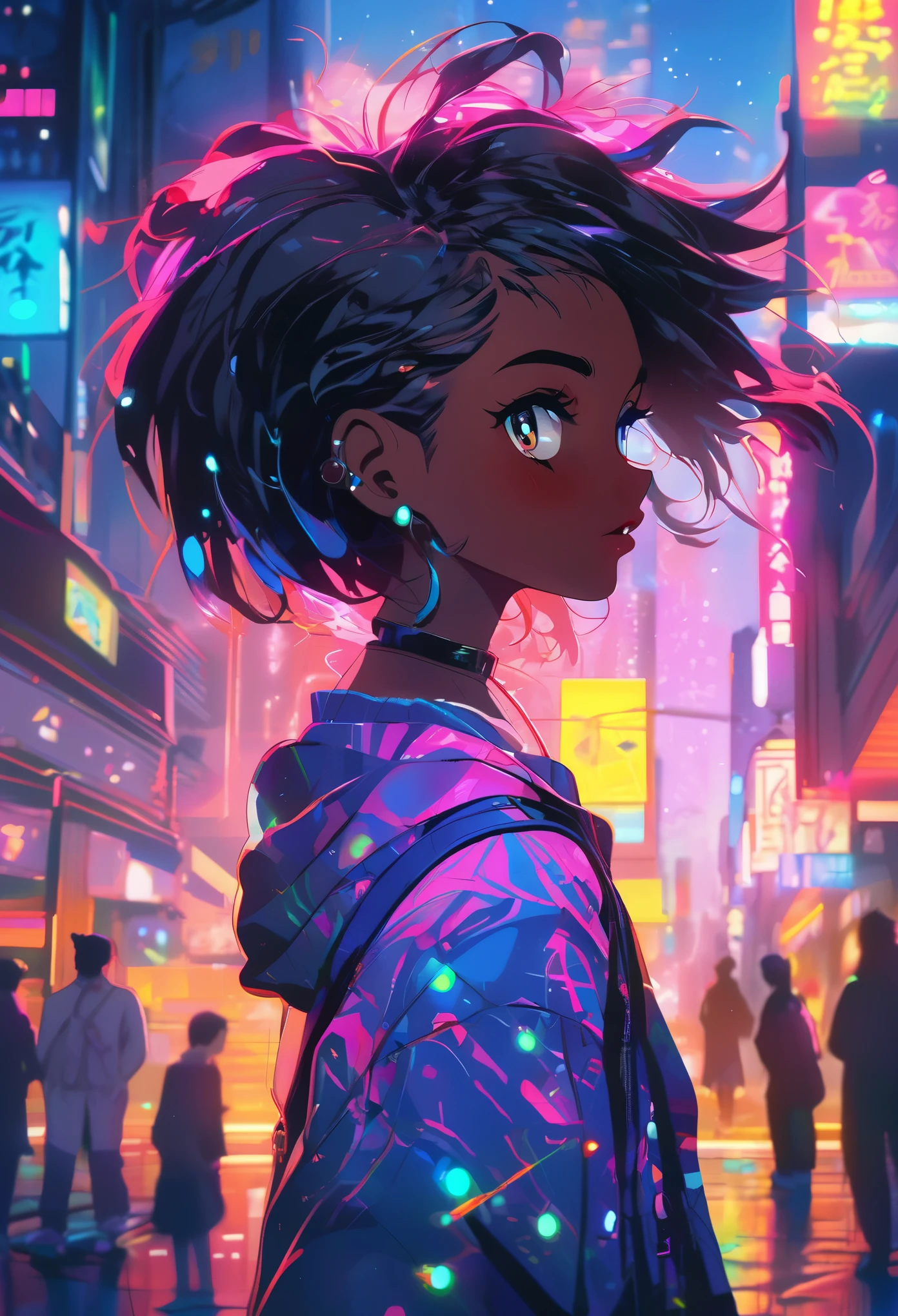 Dark skinned tomboy girl,Wearing undercut hair, illustration:aoiro studio and Masaaki Komori, Super detailed, neon lights, light, Matte painting, Illustration in oil painting style, Popular topics on Artstation, modern Art, Surreal and dreamy atmosphere.