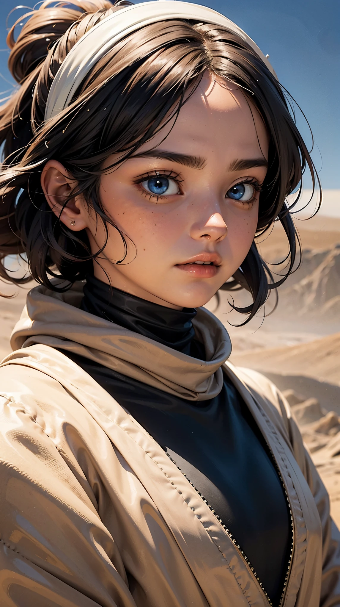 ((((face)))), (((close-up)))), (((sandstorm))) This illustration shows a girl standing on top of a high sand dune, Fremen girl with bright blue eyes and black curly hair,brown skin, in the vast Dune planet, Arrakis planet, Dune, movie Dune, Dune style, head is wrapped in a black scarf, black distillery jumpsuit, insanely detailed, (((masterpiece))), top quality, 8K, ultra high resolution, high contrast, low saturation
