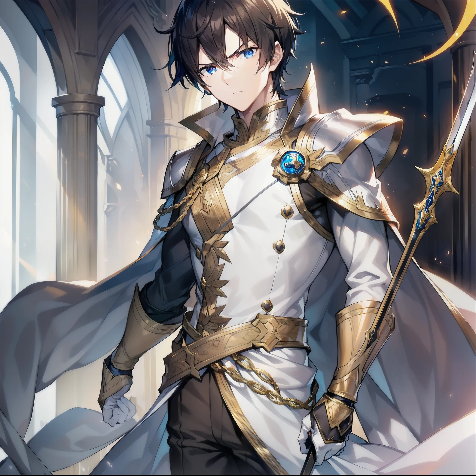 1 man, young man, dark brown hair, short hair, dark blue eyes, serious look, slender body, muscular body. Elegant golden armor, white clothes, golden metal gloves, silver sword blade.