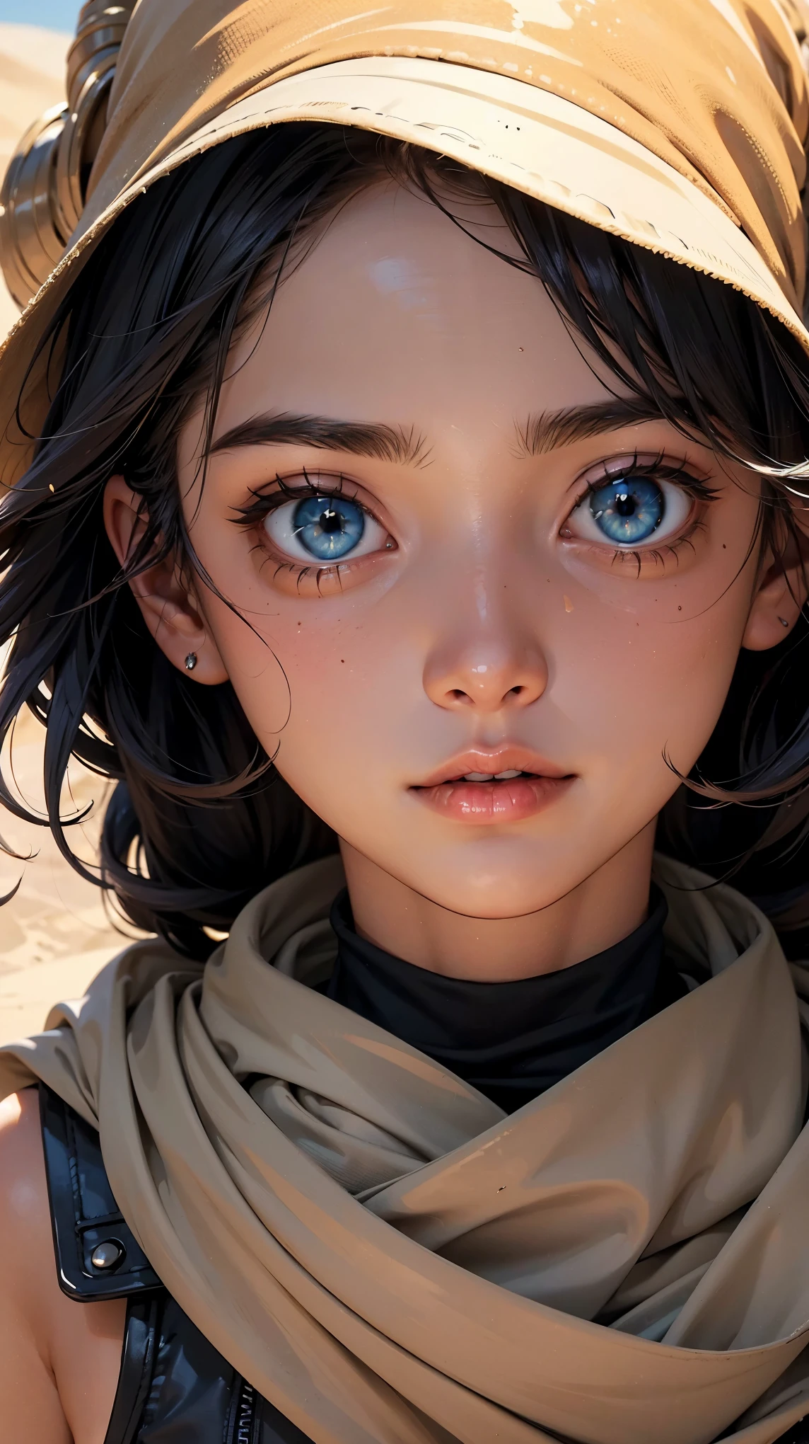 ((((face)))), (((close-up)))), (((sandstorm))) This illustration shows a girl standing on top of a high sand dune, Fremen girl with bright blue eyes and black curly hair,brown skin, in the vast Dune planet, Arrakis planet, Dune, movie Dune, Dune style, head is wrapped in a black scarf, black distillery jumpsuit, insanely detailed, (((masterpiece))), top quality, 8K, ultra high resolution, high contrast, low saturation

