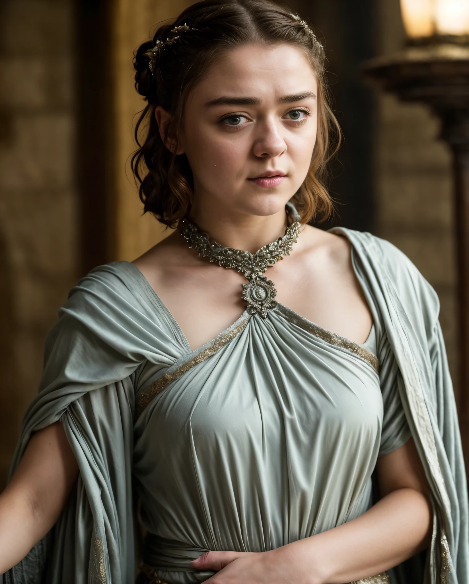 Foto RAW, Arya Stark, Extremely gorgeous lady, Arya Stark PLAYED BY MAISIE WILLIAMS, Queen Arya Stark, she a mature woman now, milf, sexy mediaeval battle dress, gladiator woman, body, 40 years old Woman, body revealing costumes, perky breast, big natural breast, erotic costumes, lusty physique, seductive figure can capture every people's attention, Game of thrones costumes, revealing captivating figure, Mediaeval costumes, revealing clothes, A tomboy, she would rather fence than dance, warrior queen , game of thrones screen caps, Game of Thrones Series, (pele altamente detalhada: 1.2), 8k UHD, DSLR, soft-lighting, alta qualidade, grain of film, Fujifilm XT3, flawless picture, highly detailed, detailed Beauty, intricate, 32k, sharp picture,