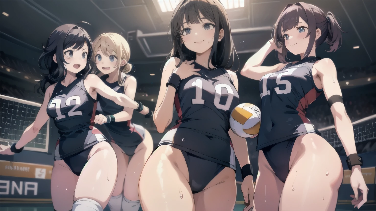 unity 8k wallpaper, anatomically correct, (((masterpiece))), (((best quality))), (((ultra detailed))), (((high-resolution))), ((super fine illustration)), ((Ultimate cutie)), ((detailed beautiful face)), perfect hands, perfect finger, (((good anatomy))), BREAK, multiple girls, lovingly gaze, harem, group picture, , (potbelly), (Curve), medium breasts, ((thick thighs)), Shiny hair, (((coquettish smile))), (((blush))), BREAK, Adidas, Sleeveless collared Volleyball Uniforms, ((wristbands)), BREAK, (Hold the beautiful spherical 6-inch volleyball), ((Sweat)), (perspired), (Heavy breathing), in gymnasium, in volleyball court, depth of field, strong light, cowboy shot,,