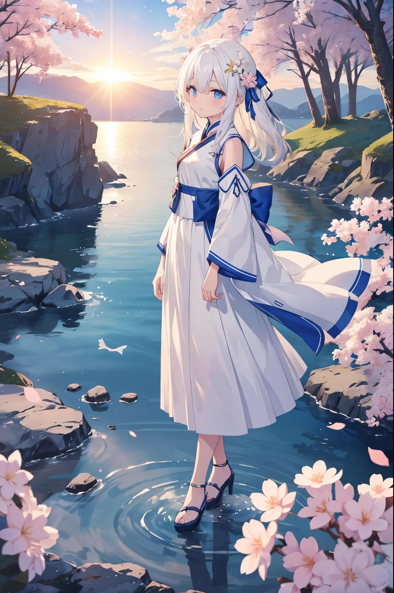 top quality, ink painting style, Fresh and elegant, clear lake water, Cherry blossoms fall with the sunset，stand，white hair，blue eyes, Girl with white cheongsam and blue pattern, Ride the flower wind to blow your head, A forest dotted with green leaves, birds singing happily, poetic scene