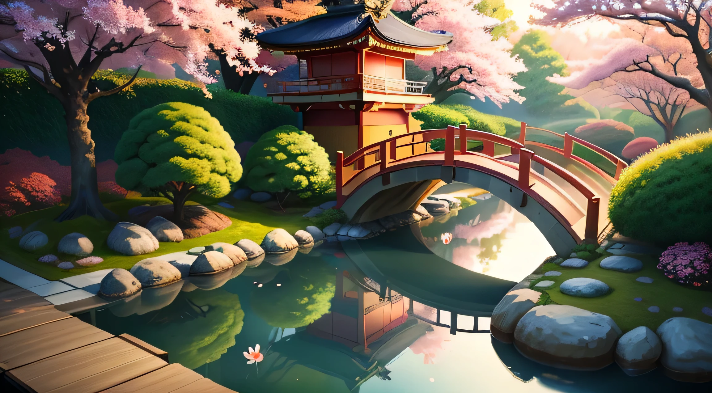 (digital painting),(highest quality), Tranquil Japanese Garden, Cherry tree in full bloom, Koi Pond, pedestrian bridge, Ukiyo-e art style, Hokusai inspiration, Deviant Art popular, 8K super realistic, pastel color scheme, soft lighting, golden hour, quiet atmosphere, landscape