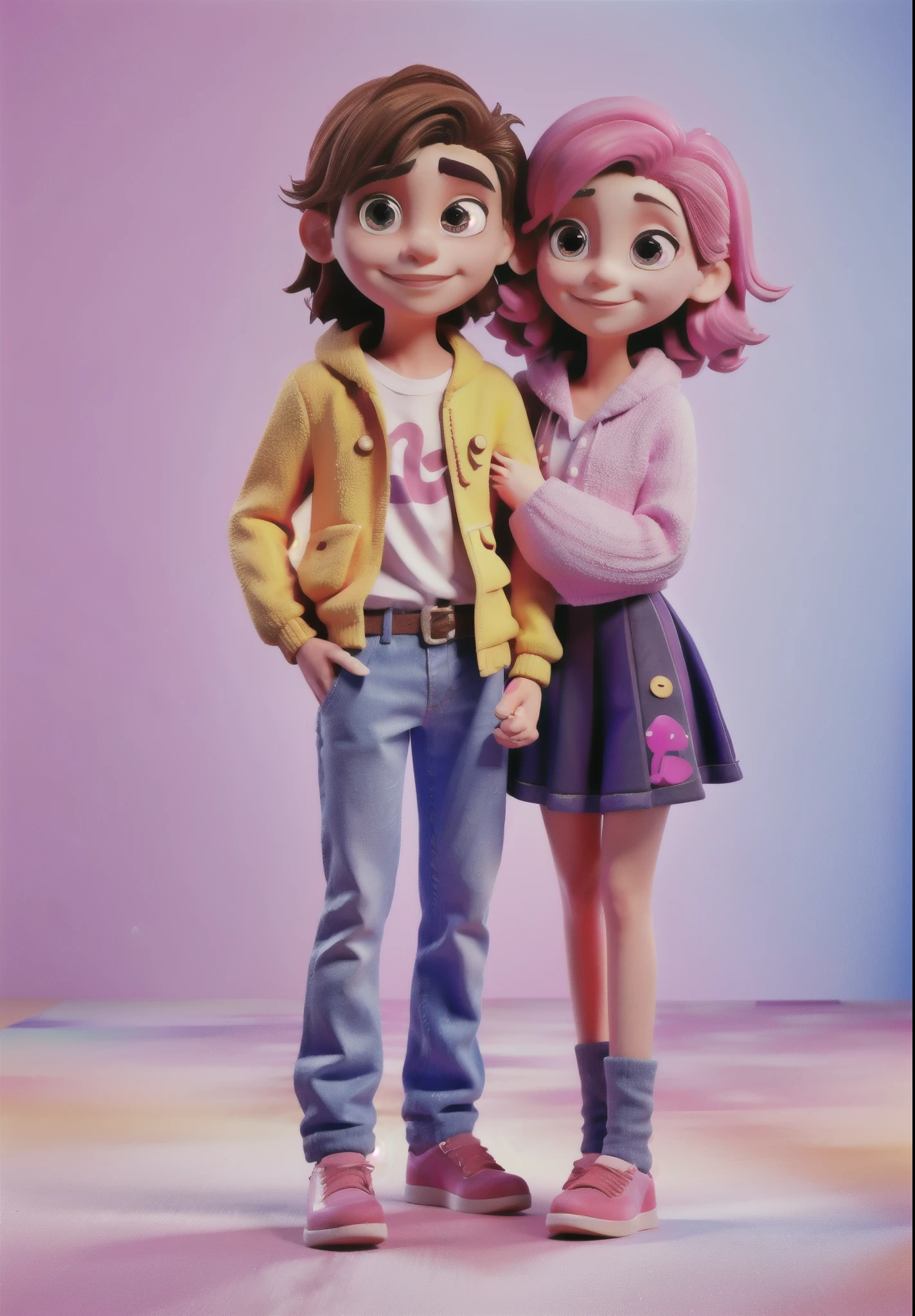 young couple hugging each other, high quality, cute face, smiling facing camera, colour of clothes must compliment viva magenta colour, awesome graphics, mascot kind of art