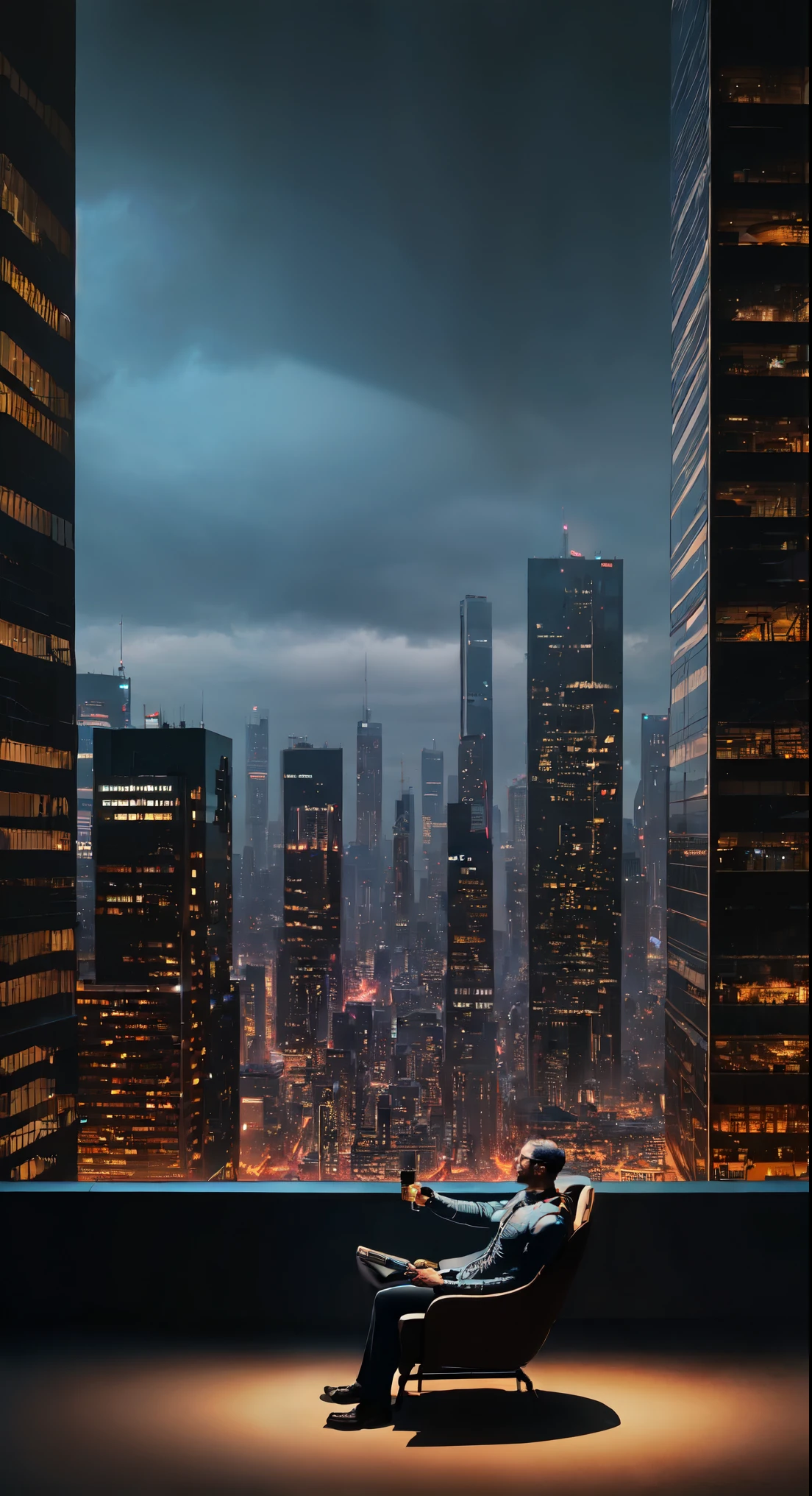 a skyscraper office in the big city, a male cyborg sits in a luxurious chair and smokes a big cigar, high quality, absurdres, masterpiece, beautiful, intricate details, 1/2 body crop, slim body, beautiful figure, magnificent anatomy, (intricate details:1.12), HDR, (intricate details, hyper-detailing:1.15), (natural skin textures, hyper realisitc, soft light, Sharp:1.2)
