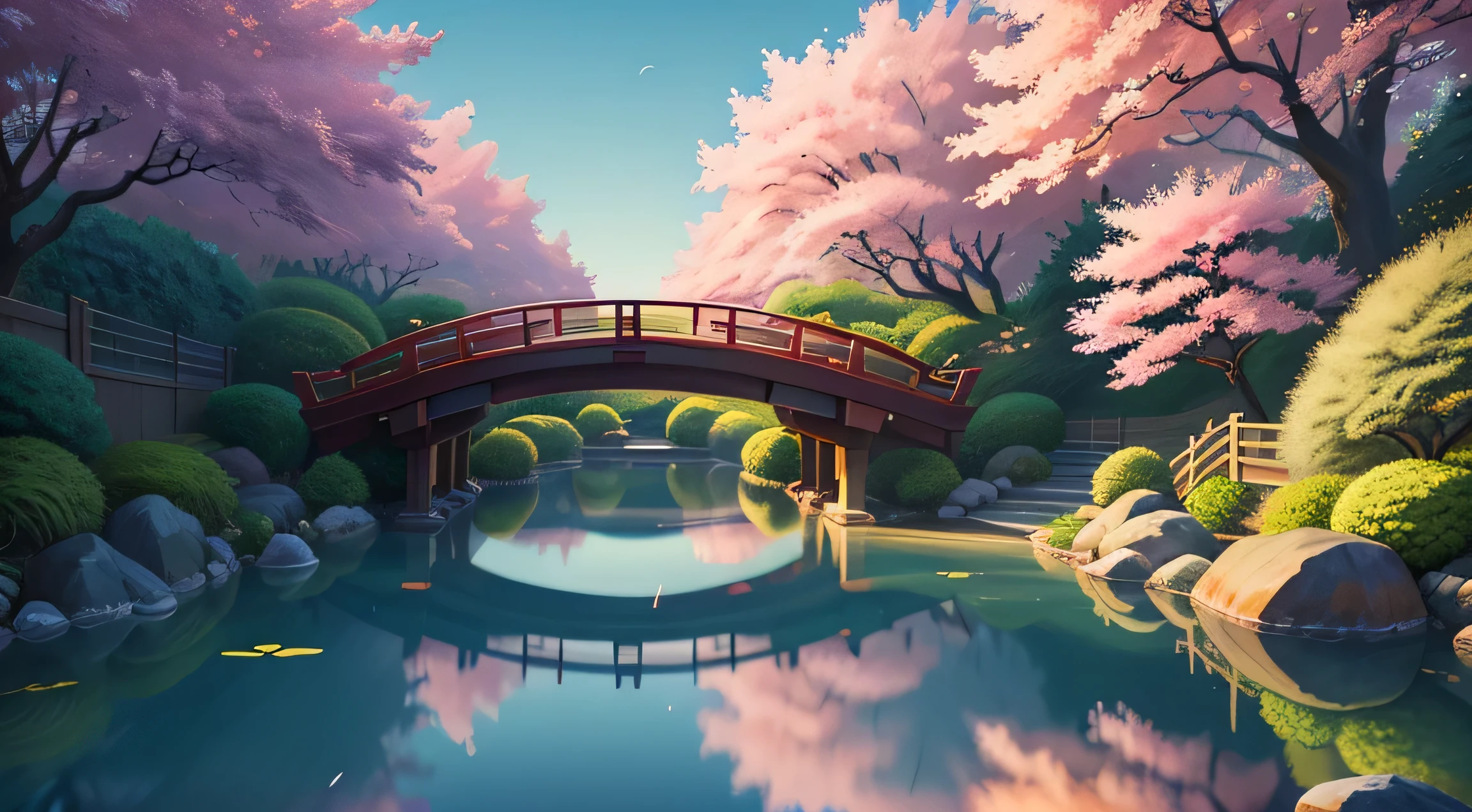 (digital painting),(highest quality), Tranquil Japanese Garden, Cherry tree in full bloom, Koi Pond, pedestrian bridge, Ukiyo-e art style, Hokusai inspiration, Deviant Art popular, 8K super realistic, pastel color scheme, soft lighting, golden hour, quiet atmosphere, landscape