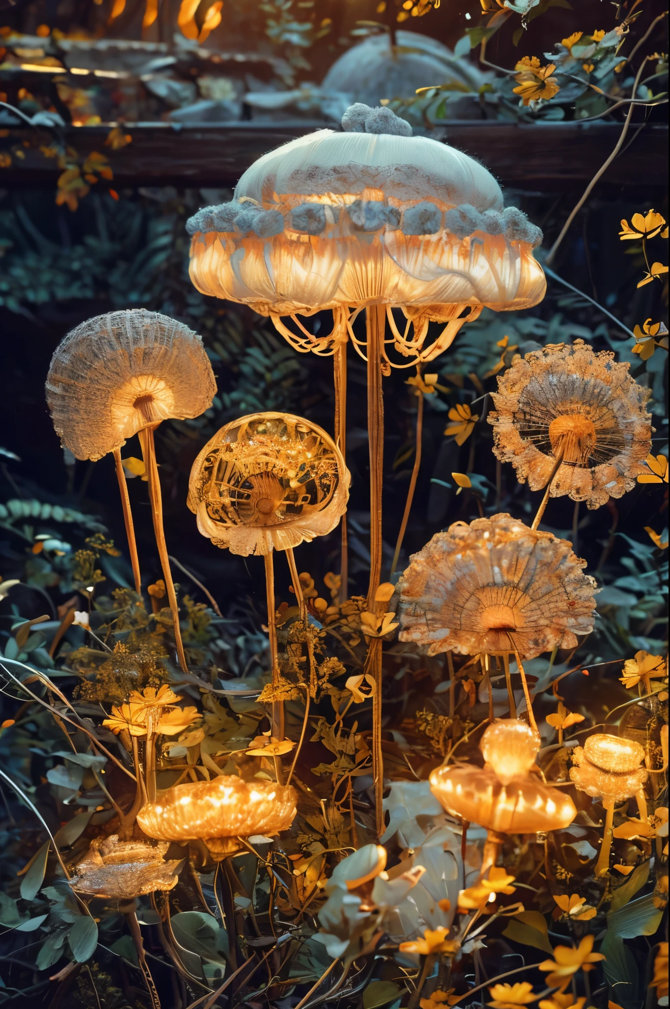 (La best quality,high resolution,super detailed,actual),Cute knitted jellyfish，smiley face，at the bottom of the sea，Surrounded by glowing jellyfish，A masterpiece with fantasy elements）））， （（best quality））， （（intricate details））（flower）