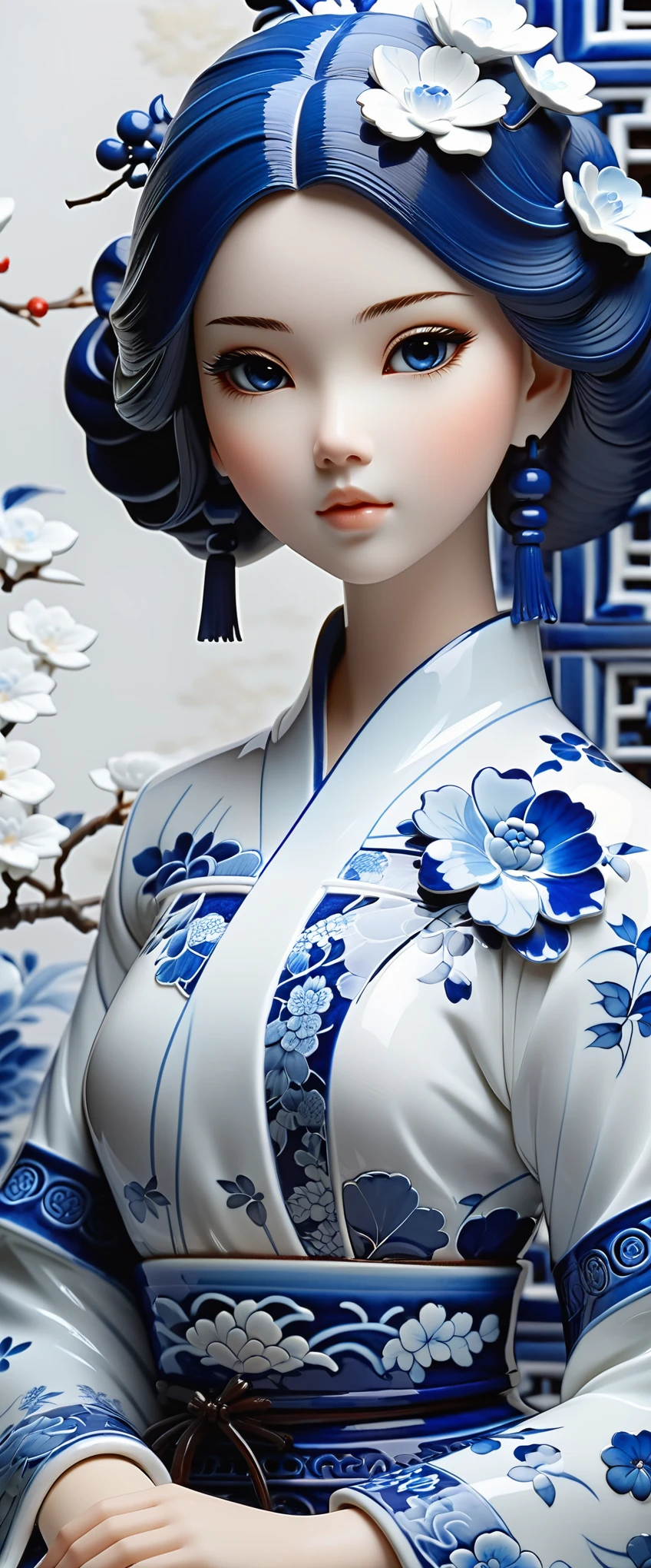 High quality fantasy art, simple background, ceramic Chinese girl doll, porcelain white skin，(blue and white porcelain) carved high-end porcelain, complex, gorgeous, 8k, Azulejo style, artist Ilya Kuvshinov