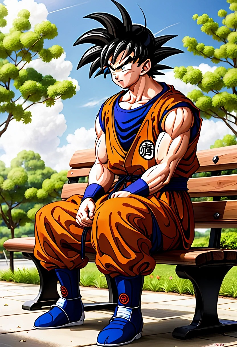 dragon ball.create a image of 悟空(dragon ball角色)The character is sitting on a bench。Face to face.Japanese manga style。dragon ball