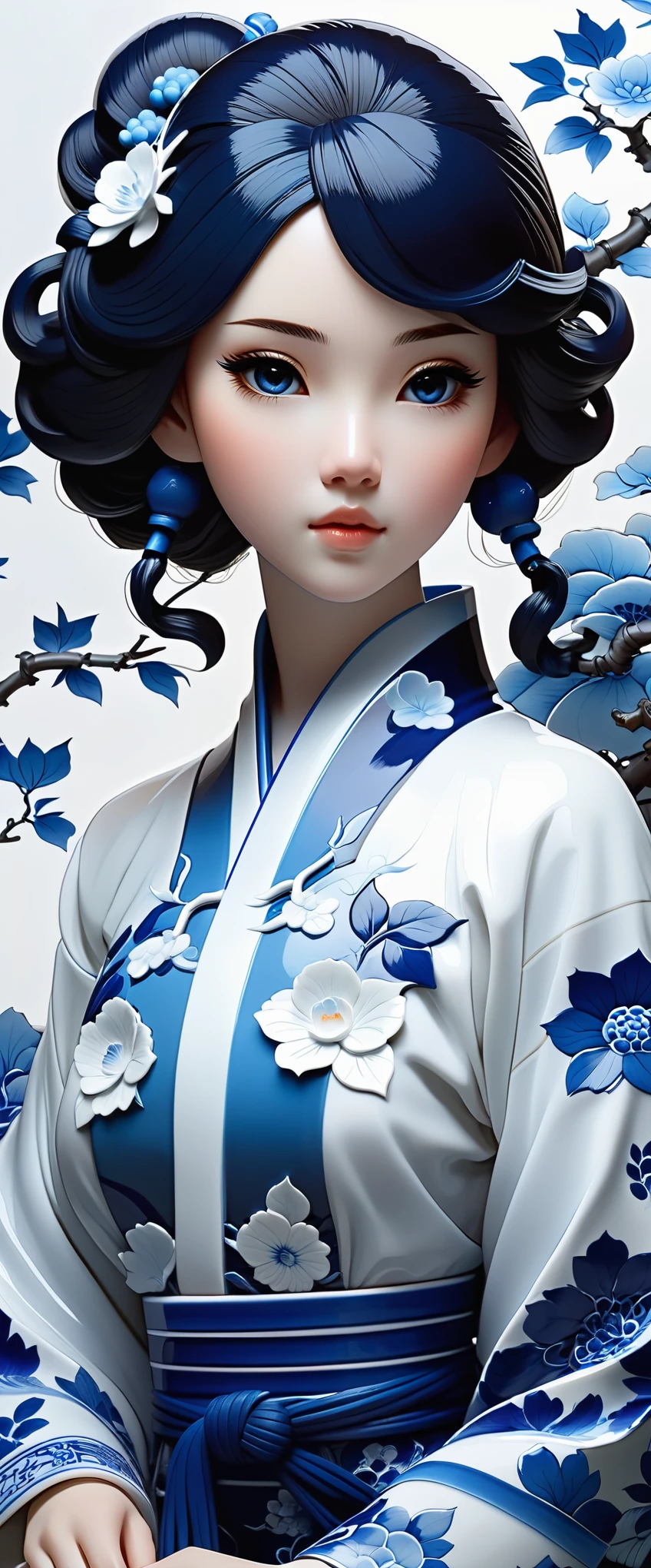 (best quality,4k,8k,highres,masterpiece:1.2)High quality fantasy art, simple background, ceramic Chinese girl doll,porcelain white skin, (blue and white porcelain) carved high-end porcelain, complex, gorgeous, 8k, Azulejo style, artist Ilya Kuvshinov