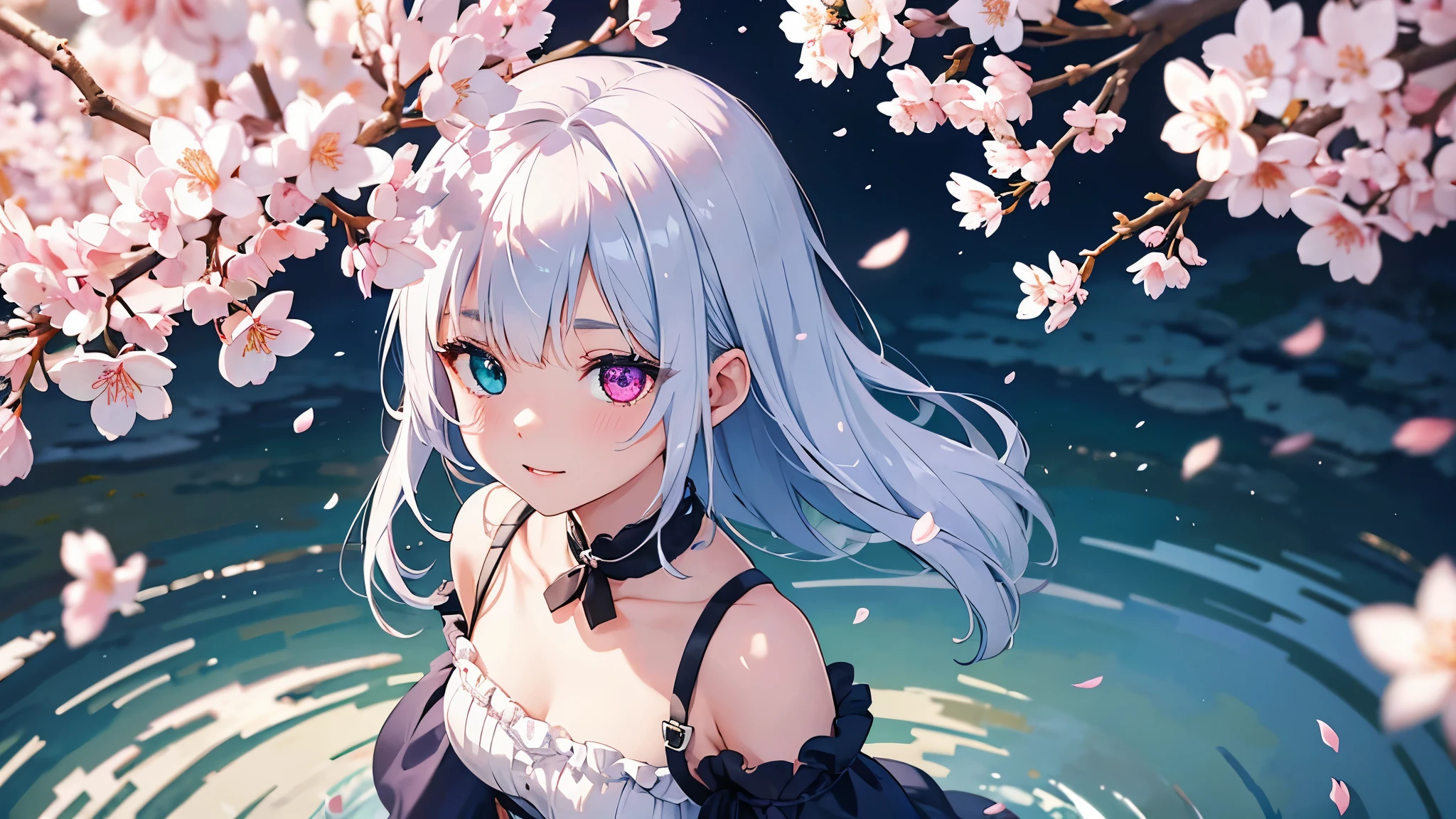 1 girl、bluish silver hair、(droopy iris of heterochromia,glowing eyes:1.4)、、10 years old、big smile、slender、blurred background、glow、shining hair、(spring、cherry blossom petals dancing in the wind、from above、There&#39;s a girl on the other side of the cherry blossoms:1.3),ambient occlusion、ambient light、raytracing reflections、Best quality、photorealistic、super detail、delicate、orderly、high detail、