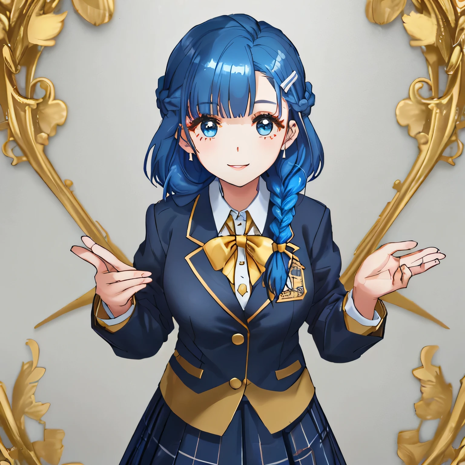 highest quality, (masterpiece:1.2), very detailed, A standing figure of a girl looking at me with a gentle and cute expression and smiling., Glossy lips that make you want to kiss, nice smile, (((Very cute big blue eyes and detailed details)), (((blue hair))), , long braids, big shiny hair clip, school uniform, Dark blue and navy plaid skirt, white shirt, ((Luxurious navy blazer with a golden patch on the left chest)), big school ribbon tie, very shiny hair、laughter、bright look、Both face and hair catch the light and shine, The corners of the eyes are drooping, Cute braids, The expression of a maiden in love, (((Twin braided hair))), The long skirt fabric has a beautiful deep blue checkered pattern..., double eyelid, ((Long eyelashes and long lower eyelashes)), ((bust is not big)), the background is pure white, thin bangs, Photographed from diagonally above