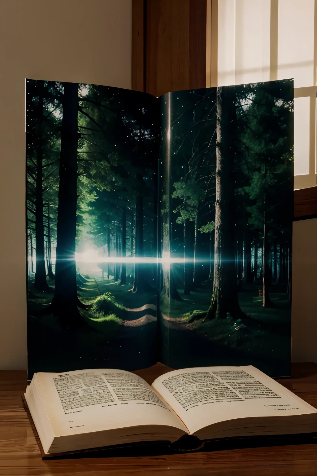 /imagine prompt: an illustrated book with images of forests, open on a table with bright light coming from its pages:: --aspect 3:2 --quality 1