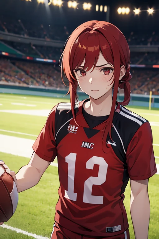 anime girl football player wearing light blue and white football uniform, (shoulder pads), pink hair, (football pads), sports anime, american football, long flowing hair, (large anime eyes), gridiron, (long hair), sportswear, shoulder pads, ((football helmet)), perfect hands, feminine, ladylike, womanly, beautiful face, ((helmet face mask bars covering lower face)), american football object,speed flex helmet, sailor school girl uniform, bow tie, sailor skirt, football pants, gloves, long socks, jersey numbers, anime aesthetic, realistic proportions, tackle football, masterpiece, best quality, realistic shaded, perfect face, fine details, perfect lighting