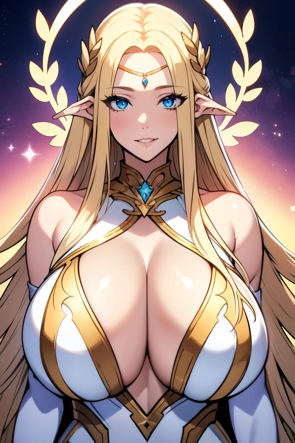 An anime-style artwork depicting Cerestia of Life from the game Last Origin.

Tags: Cerestia of Life, anime, detailed eyes, detailed lips, blonde hair, white dress, smiling expression, intense gaze, glowing emblem on hand, dynamic pose, mystical background, vibrant colors, digital art, high-resolution, professional quality, gigantic breasts, cleavage, huge tits.