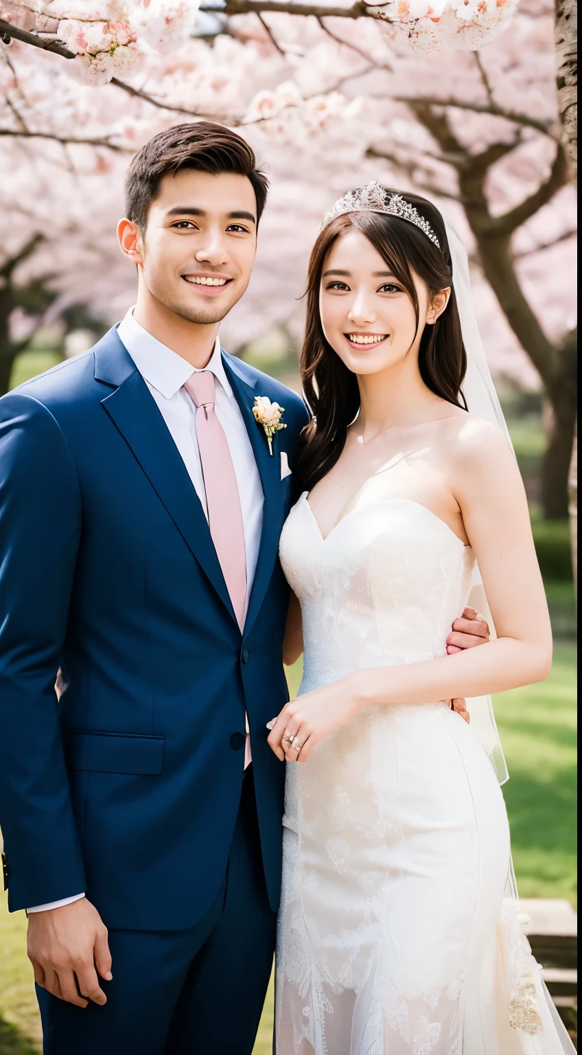 A handsome man and beautiful woman get married. Both are in their early twenties. The two looked at the camera with smiles on their faces. Japan. Cherry blossoms