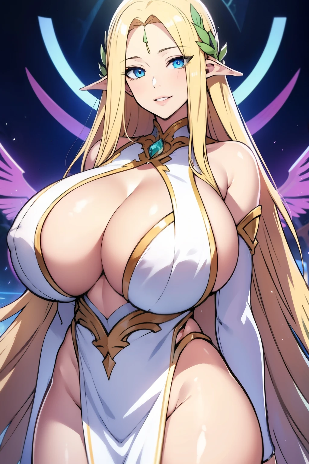 An anime-style artwork depicting Cerestia of Life from the game Last Origin.
Tags: Cerestia of Life, anime, detailed eyes, detailed lips, blonde hair, white dress, smiling expression, intense gaze, glowing emblem on hand, dynamic pose, mystical background, vibrant colors, digital art, high-resolution, professional quality, gigantic breasts, cleavage, huge tits.