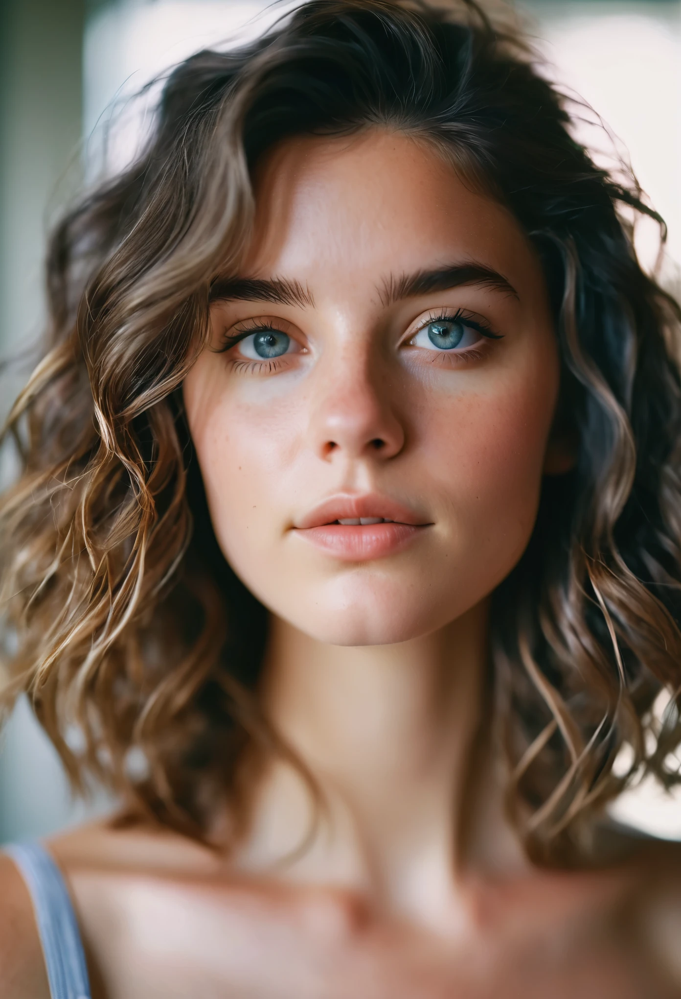 film portrait photography, 1girl, bare shoulders, wavy shoulder-length hair, serene, calm, (realistic detailed eyes, natural skin texture, realistic face details), soft dramatic lighting, depth of field, bokeh, vibrant details, finely detailed, hyperrealistic, 35mm film, hazy blur, filmg, 