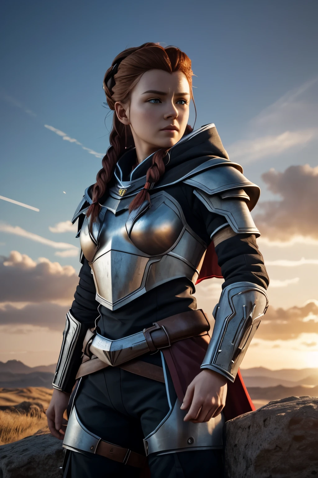 Aloy du jeu "Horizon zéro down" cybernetics, avec un corps entier sculptural parfait, realistic, ventre apparaissant, (seins gros et parfaits), encolure, 3D, with hood on the head and a cape, and a red visor in the'oeil droit, anime style 3D, ultra realistic, HD,