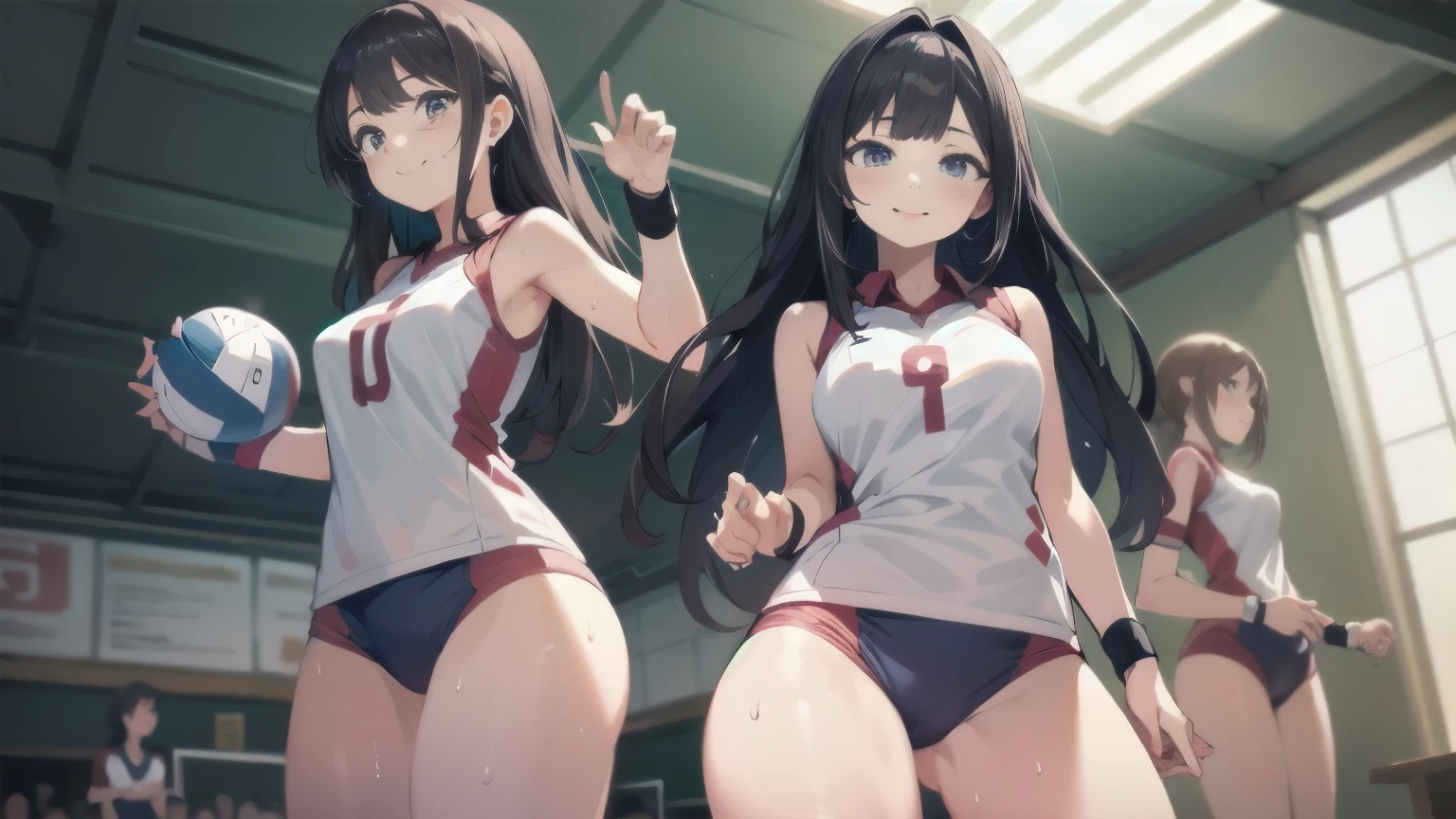 unity 8k wallpaper, anatomically correct, (((masterpiece))), (((best quality))), (((ultra detailed))), (((high-resolution))), ((super fine illustration)), ((Ultimate cutie)), ((detailed beautiful face)), perfect hands, perfect finger, (((good anatomy))), BREAK, multiple girls, lovingly gaze, harem, group picture, , (potbelly), (Curve), medium breasts, ((thick thighs)), Shiny hair, (((coquettish smile))), (((blush))), BREAK, Adidas, Sleeveless collared Volleyball Uniforms, ((wristbands)), BREAK, (Hold the beautiful spherical 6-inch volleyball), ((Sweat)), (perspired), (Heavy breathing), in gymnasium, in volleyball court, depth of field, strong light, cowboy shot,,