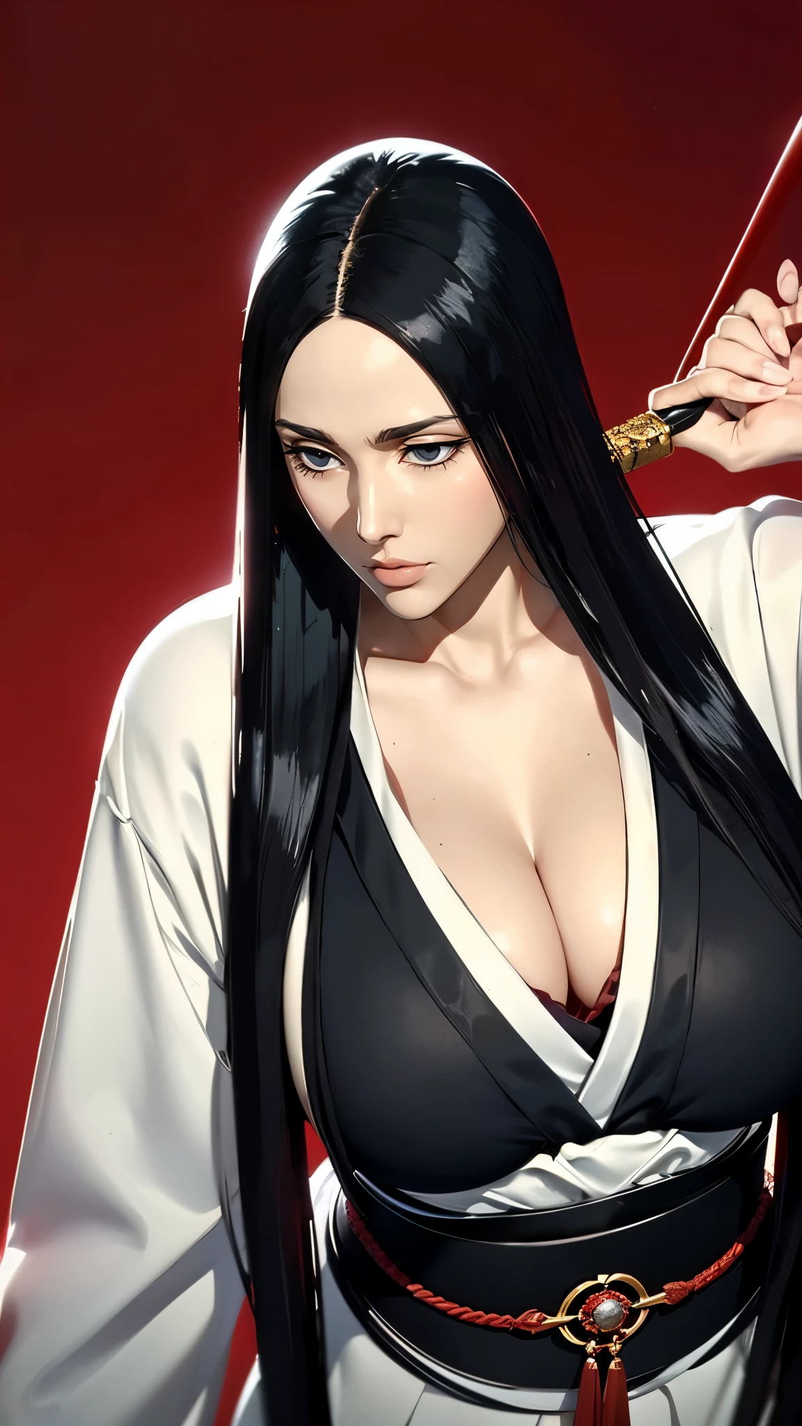 (((完美figure,figure,(((bleach,black Japanese clothing, red eyes,unohana))),S型figure:1.7))),((masterpiece)),high resolution, ((Best quality at best)),masterpiece,quality,Best quality,((( Exquisite facial features,looking at the audience,There is light in the eyes,Happy,nterlacing of light and shadow,))),(((looking into camera,red background,Blood,holding sword,拿着Blood红色的剑)))
