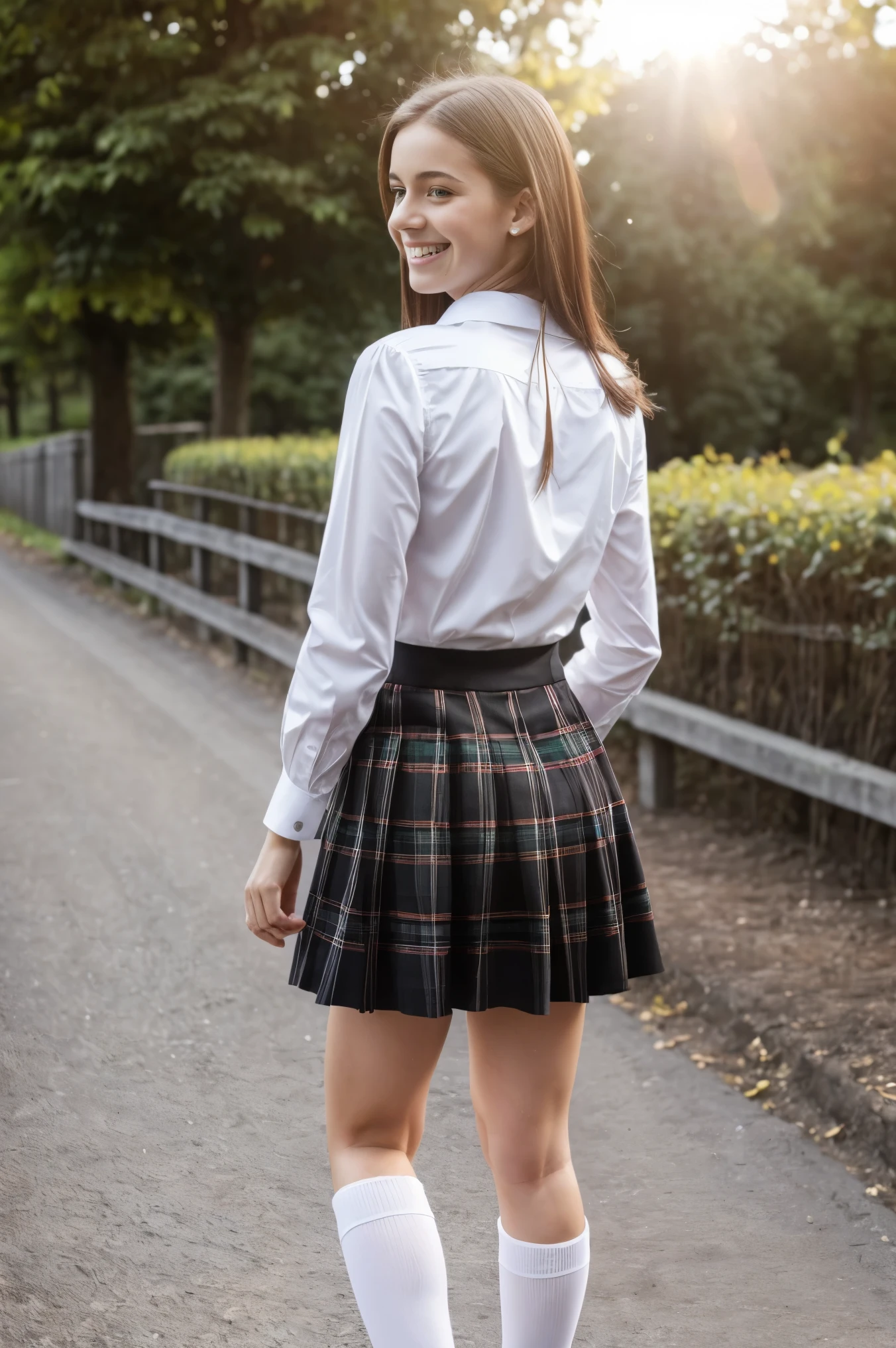 (best quality, masterpiece, ultra high resolution), (8k wallpaper, high-definition, HDR, RAW), (hyperrealistic), (authenticity: 1.4), (full body shot), 1girl, ((14 year old woman)), ((Brown straight hair)), ((Pretty French Girl)), ((Tight clothes)), ((Grey eyes)), ((Pale skin)), amazing slim body, female curves, long legs, thick thighs, flat tummy, ((perfect hands)), ((White blouse)), ((black tartan skirt)), standing, leaning forward, ((Black stockings)), ((view at viewer)), ((Happy smile)), ((Outside an european school)), natural illumination, sunlight illumination, divine illumination
