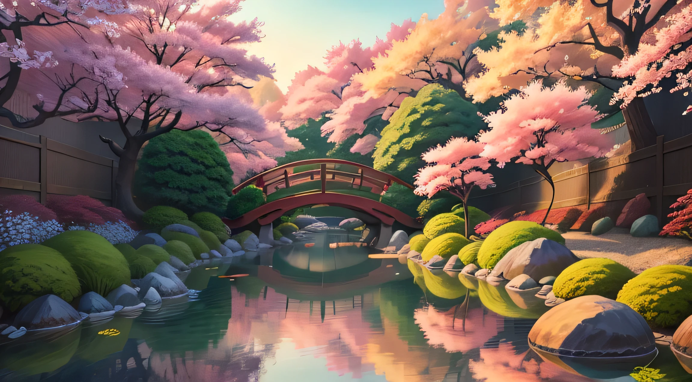 (digital painting),(highest quality), Tranquil Japanese Garden, Cherry tree in full bloom, Koi Pond, Ukiyo-e art style, Hokusai inspiration, Deviant Art popular, 8K super realistic, pastel color scheme, soft lighting, golden hour, quiet atmosphere, landscape
