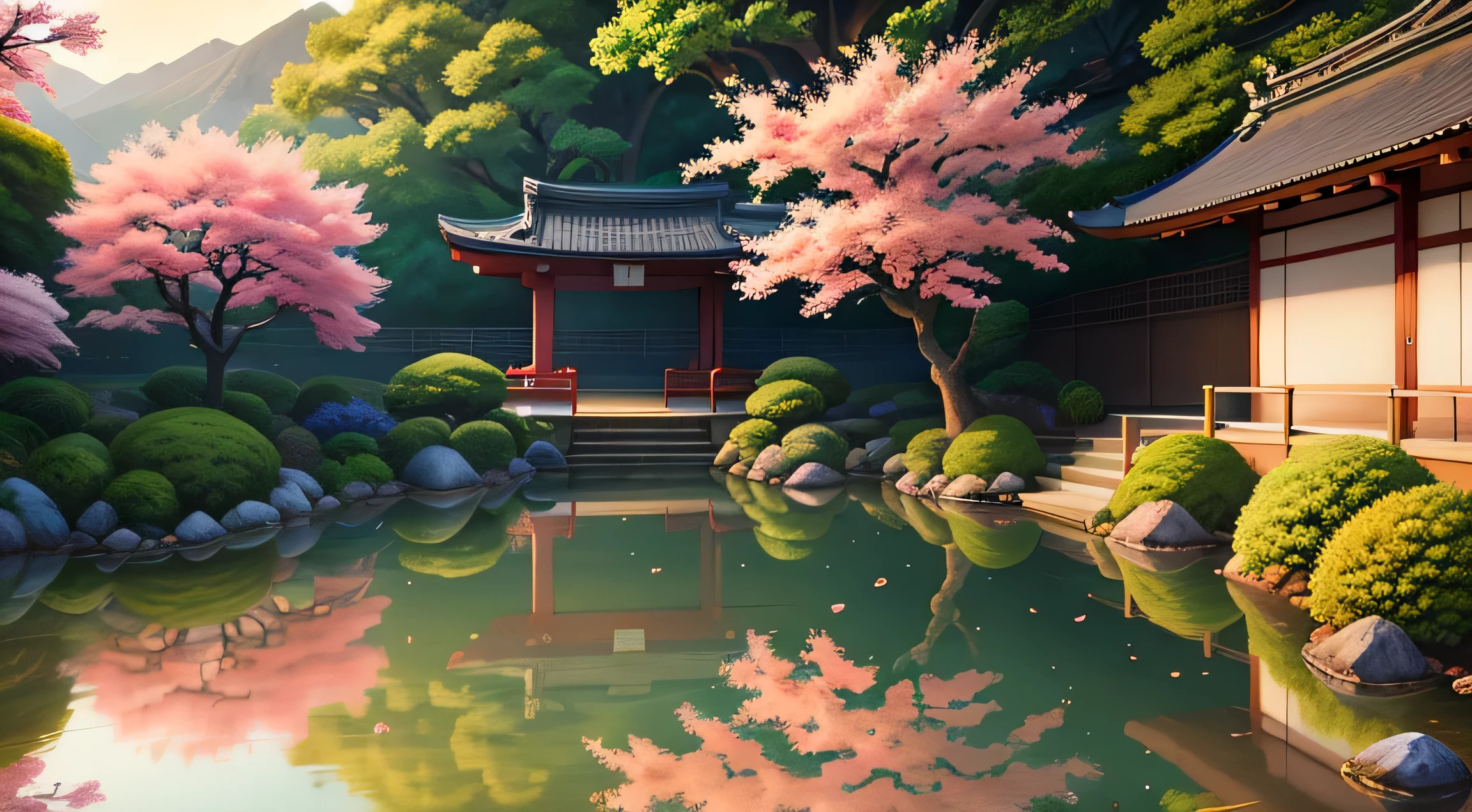 (digital painting),(highest quality), Tranquil Japanese Garden, Cherry tree in full bloom, Koi Pond, Ukiyo-e art style, Hokusai inspiration, Deviant Art popular, 8K super realistic, pastel color scheme, soft lighting, golden hour, quiet atmosphere, landscape
