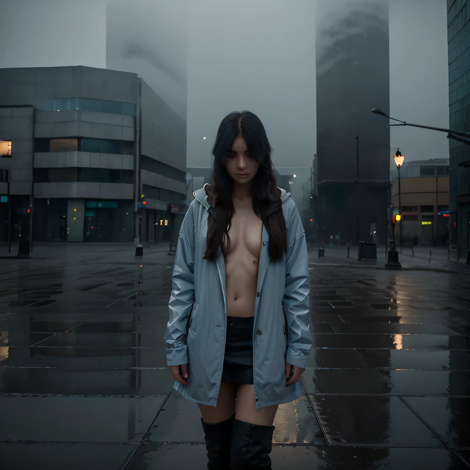 A completely empty square in the evening fog, tiled. No houses or streetlights. Huge square, the edges disappear in the fog. In the center of the frame stands a long-haired girl in a raincoat over her naked body. Low light, only the reflected light of the evening cloudy sky. A bluish tint.