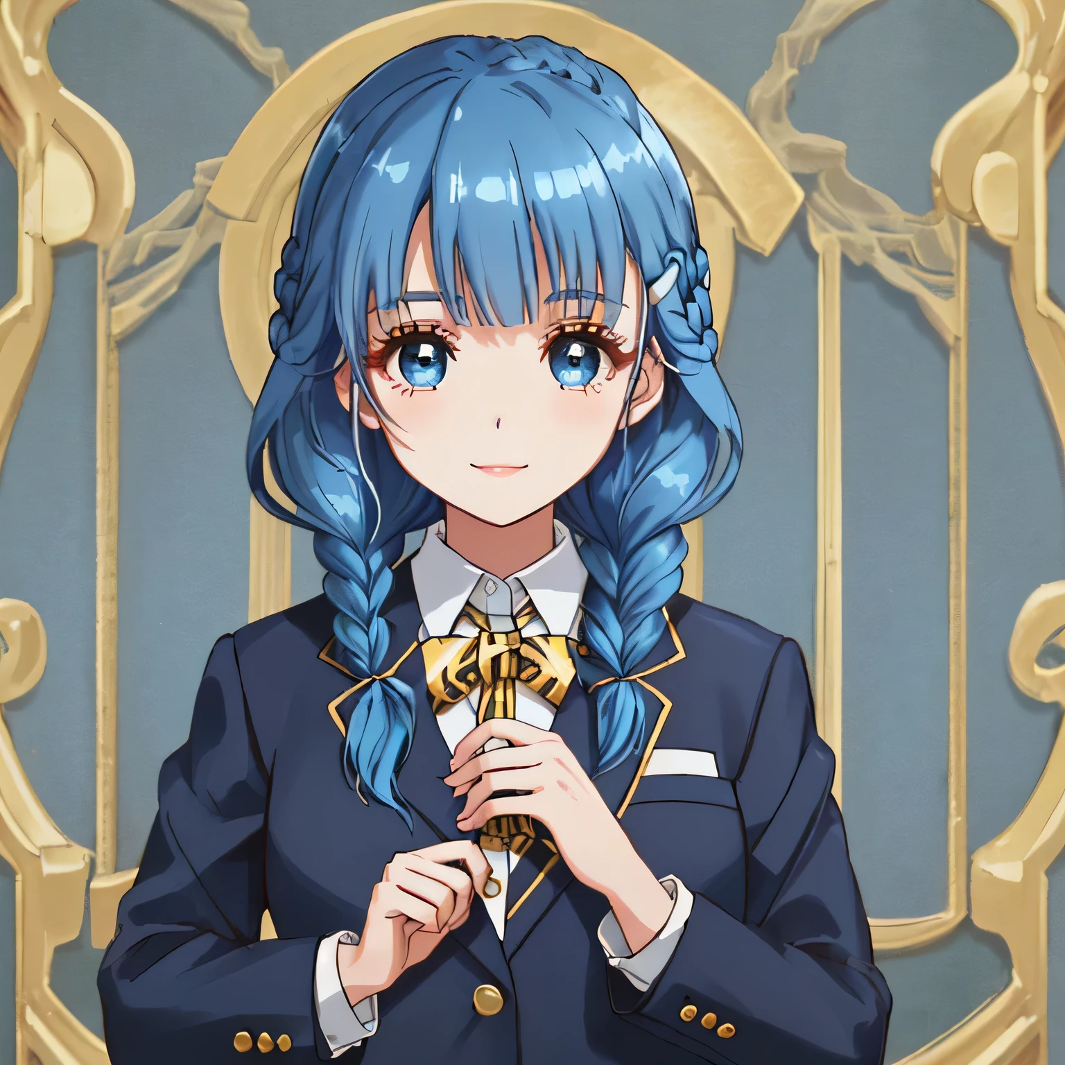 highest quality, (masterpiece:1.2), very detailed, A standing figure of a girl looking at me with a gentle and cute expression and smiling., Glossy lips that make you want to kiss, nice smile, (((Very cute big blue eyes and detailed details)), (((blue hair))), , long braids, big shiny golden hair clip, school uniform, Dark blue and navy plaid skirt, ((Luxurious navy blazer with a golden patch on the left chest)), ((big school ribbon tie)), very shiny hair、laughter、bright look、Both face and hair catch the light and shine, The corners of the eyes are drooping, Cute braids, The expression of a maiden in love, (((Twin braided hair))), The long skirt fabric has a beautiful deep blue checkered pattern...., double eyelid, ((long eyelashes and long lower eyelashes)), ((bust is not big)), the background is pure white, less bangs