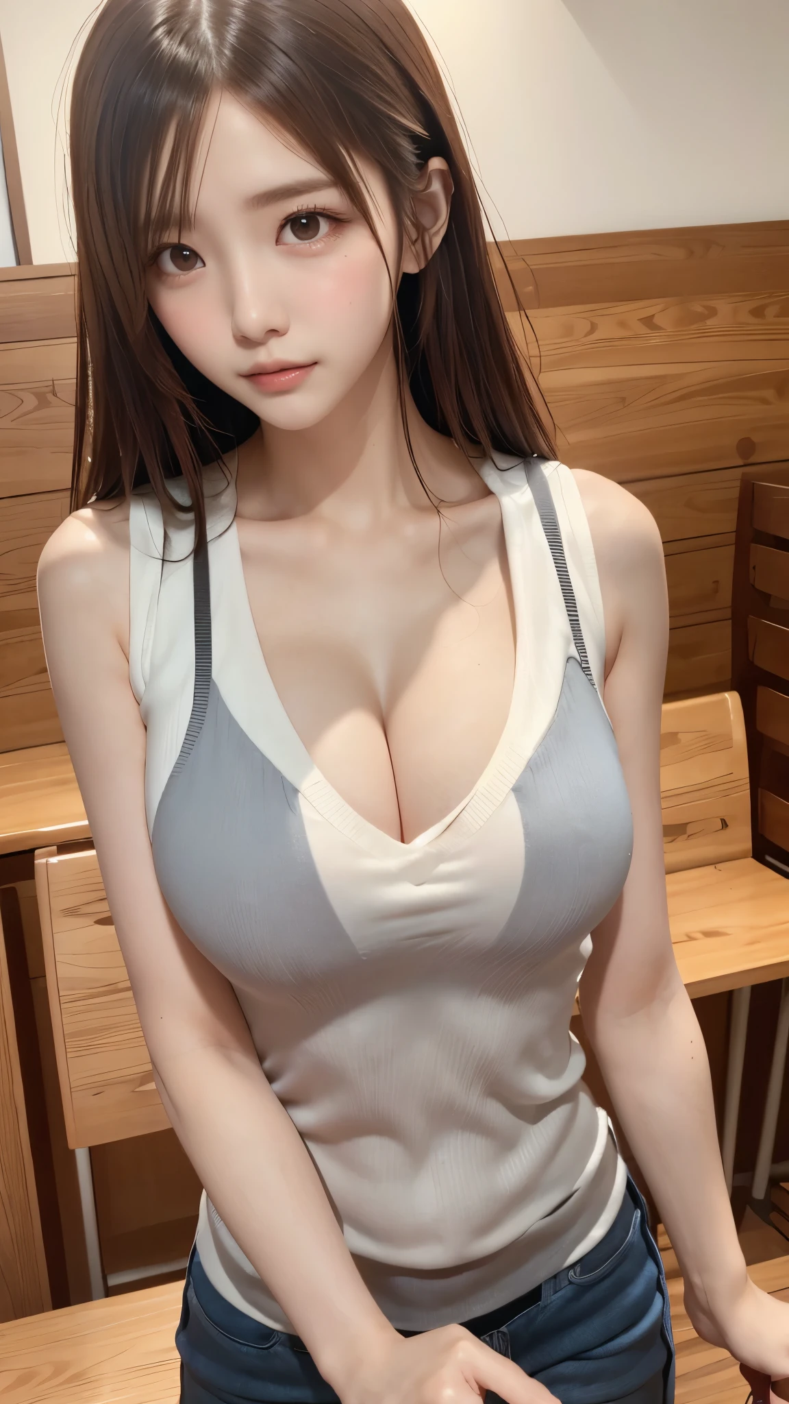 masterpiece、highest quality、High resolution、wallpaper、realistic、bright lighting、smooth lighting、japanese woman、adult woman、super beautiful、sexy、gravure、beautiful skin、slim、medium large、shortcut、brunette colored hair、Larger eyes、brown eyes、invisible tear bag、The camera is from the front、looks fun、Tank top、Basketball Wear、