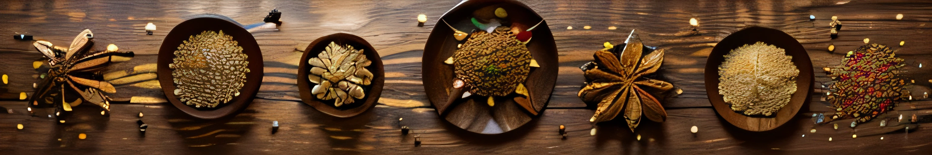 food photography, overhead photography of loose diverse and colourful spices arranged in a circle and star formation on a large wooden tabletop that is 2m by 1m, wide-angle shot, 4k,
