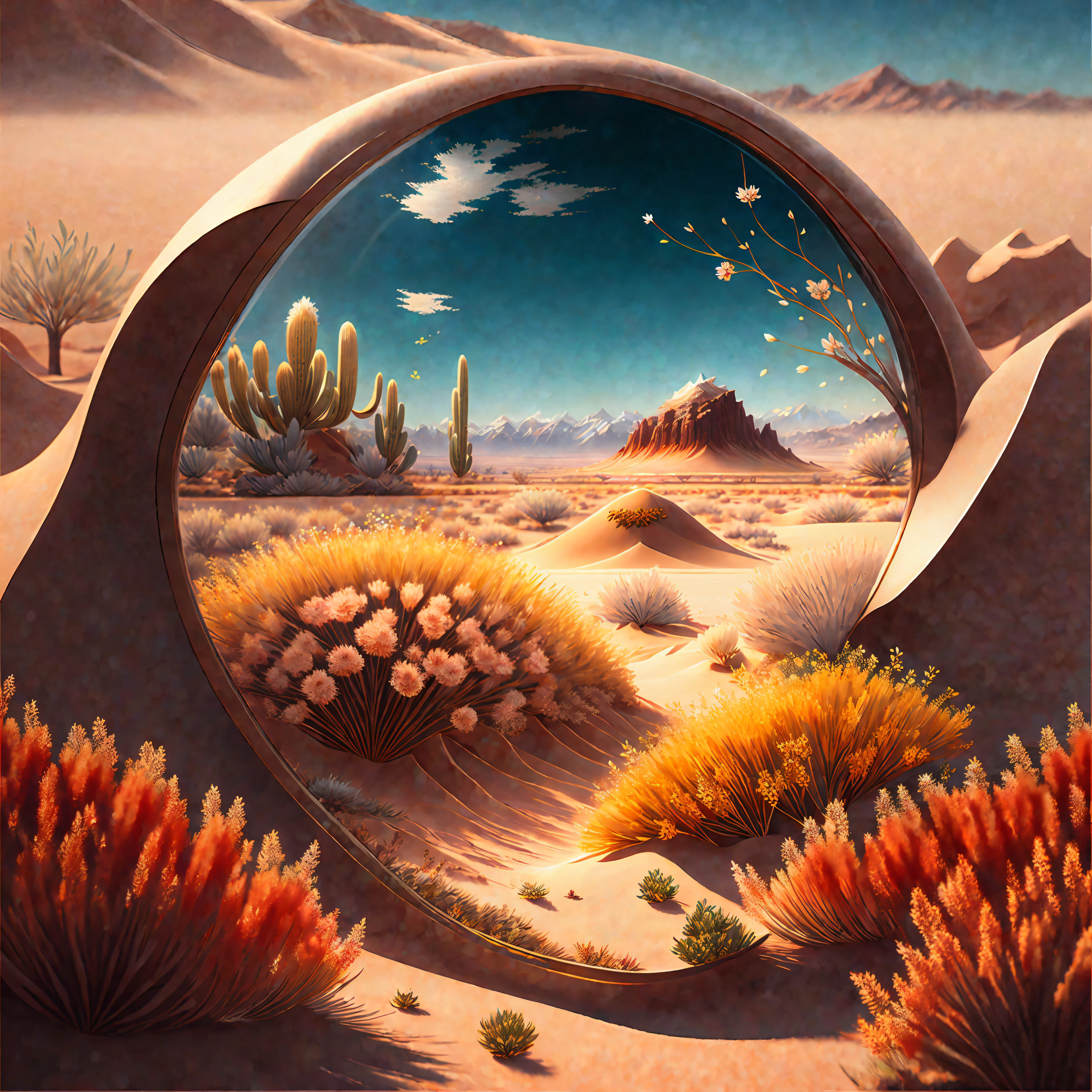 obra de arte, melhor qualidade, alta qualidade, extremamente detalhado CG uniform 8k wallpaper, paisagem florida, lugares secos, como deserto vazio, querido, ardiloso, Lago Mono, Pu Tree, Pintura digital 3D, fotografia premiada, bokeh, profundidade de campo, hdr, florescer, Chromatic aberration, fotorrealista, extremamente detalhado, trends on Artstation, trends at CGSociety, intricado, Alto detalhe, Dramatic, arte no meio da jornada