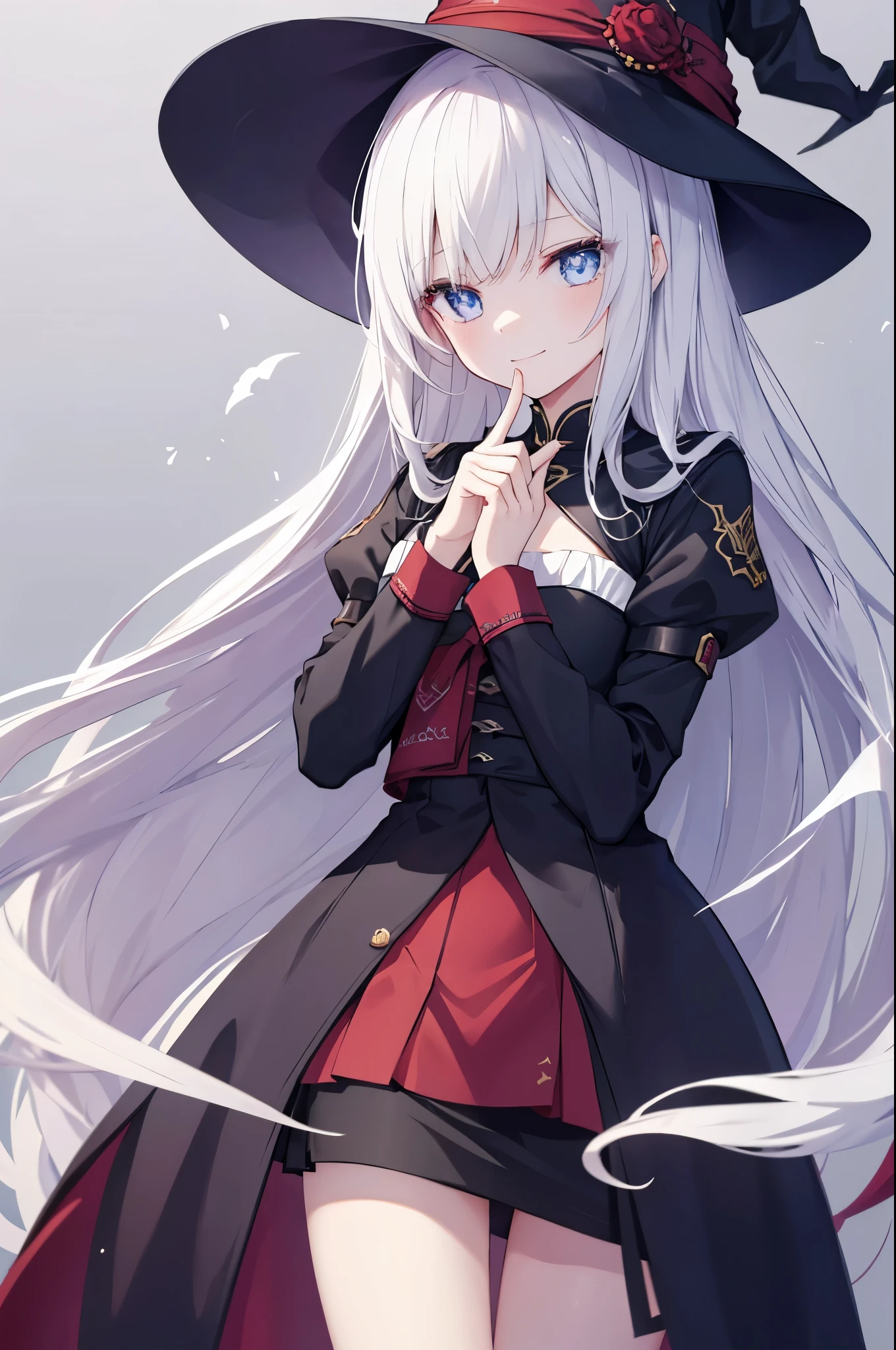 a girl，Slim thin female figure，female face，Bad smile，White super long hair，blue eyes，There are bright spots in the eyes，female hands，white little hands，normal finger，Covering your mouth with one hand and smiling evilly，Standing leaning forward，masterpiece，Wearing an elegant witch costume，Wearing black and red witch costume，Exquisite and delicate的二次元精美画风，Exquisite and delicate，8K high quality，CG wallpaper，HD，flat chest，alone，tomorrow ark风格，tomorrow ark