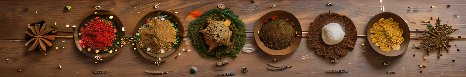 food photography, overhead photography of loose diverse and colourful spices arranged in a circle and star formation on a large wooden tabletop that is 2m by 1m, wide-angle shot, 4k,