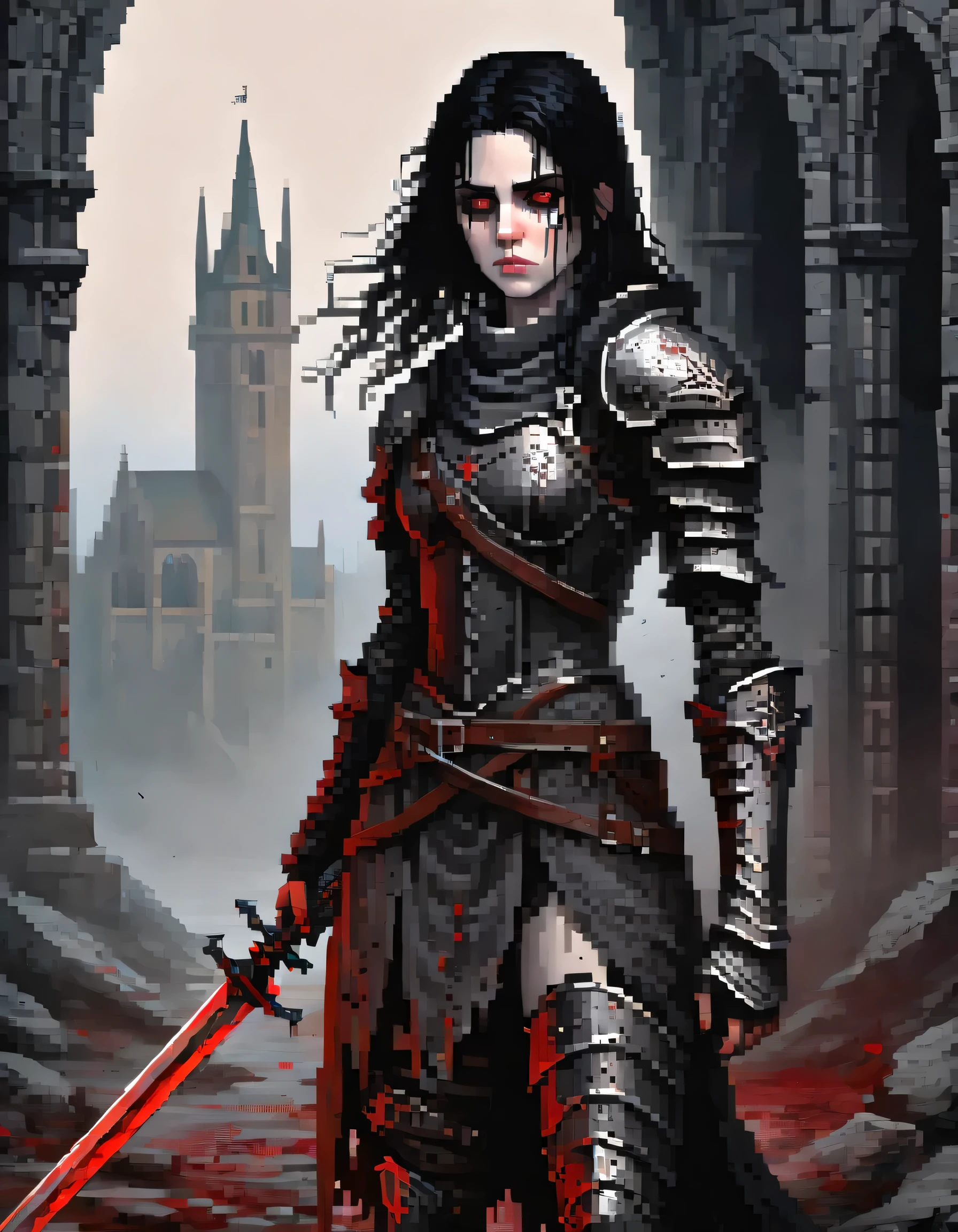 A girl with long, flowing black hair and piercing red eyes, wearing tattered and battle-worn medieval armor, standing in the midst of a dark, gothic landscape. She holds a massive, bloodied sword in her hand, and her face shows a mix of determination and fierceness. The scene is depicted in a highly detailed and realistic style, with ultra-detailed armor and intricate engravings on the sword. The colors are dark and muted, with a stark contrast between the girl's pale skin and the deep red of her eyes. The lighting casts eerie shadows and highlights the girl's features, creating a sense of haunting beauty. The overall image quality is (best quality, 4k, 8k, highres, masterpiece:1.2), with ultra-detailed (realistic, photorealistic, photo-realistic:1.37) rendering. The art style is inspired by the concept of "horror" and draws influences from gothic and dark fantasy aesthetics.