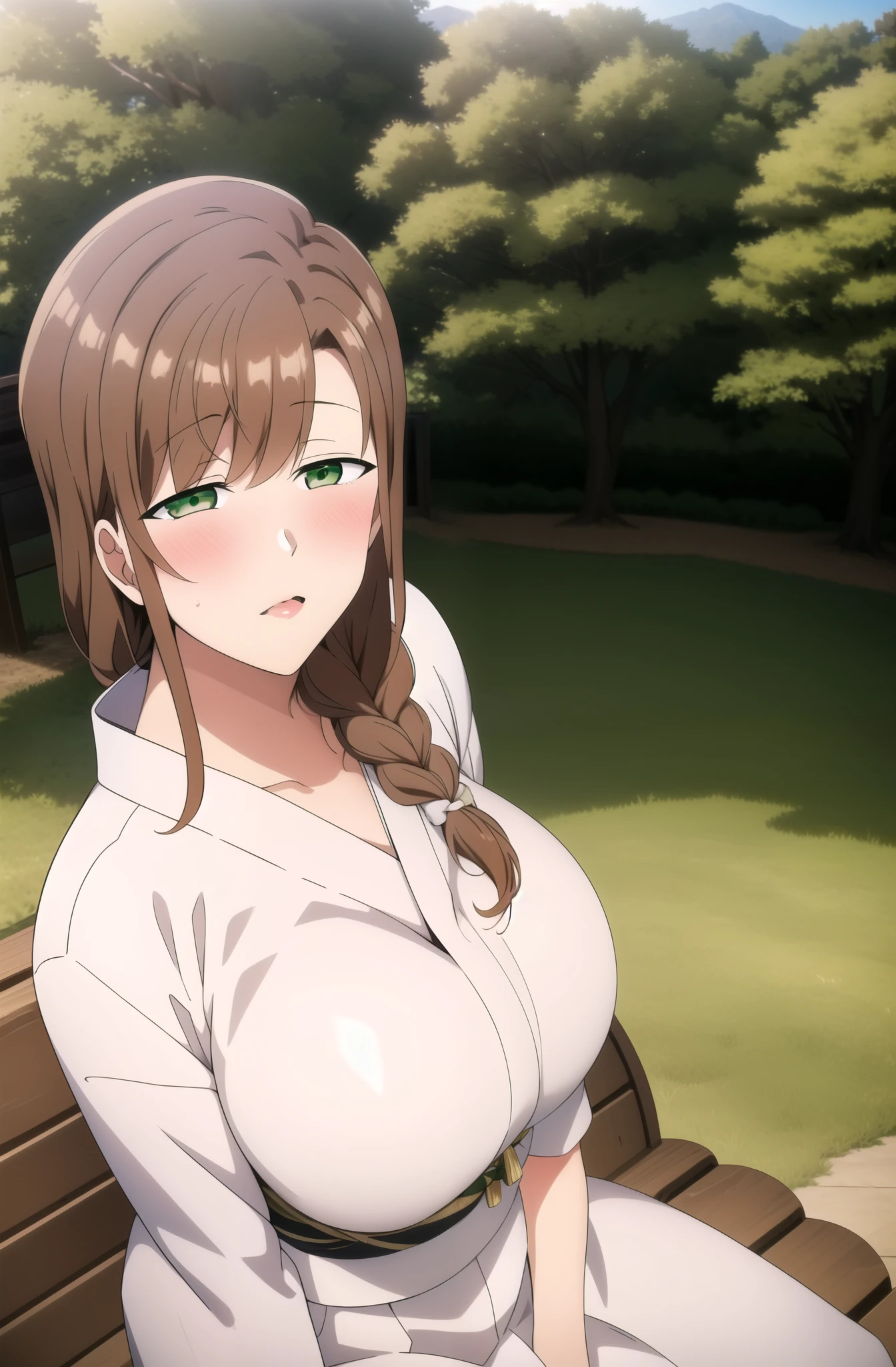 masterpiece, best quality, highly quality ,large breast,, BROWN_hair, long_hair, braid ,parted_lipsGREEN_eyes, white kimono , park background , (blush:1.2) , sitting , bench , tree , looking at viewer,