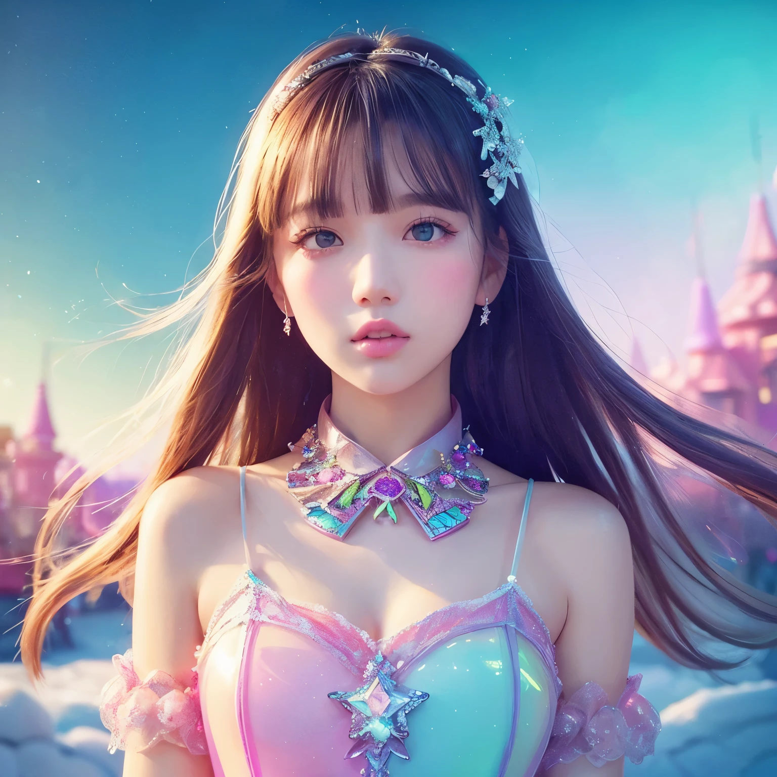 (Fluorescent color:1.4),(translucent:1.4),(retro filter:1.4), (fantasy:1.4), Candy World Disneyland Fantastic Soft Fluffy Soft Landscape Forest Snow Avatar Pastel Pink Sky Green Blue Sparkle Fantastic Light Pastel Whimsical Light Rainbow Star Diamond Sparkle Gem Background Surreal Ultra High Quality Cinematic Lighting Huge Details Full HD Painting Well Illuminated,diagonal bangs, , collared dress,~ side, masterpiece, highest quality,real skin,(portrait:1.5), 1 girl, dull bangs, long hair