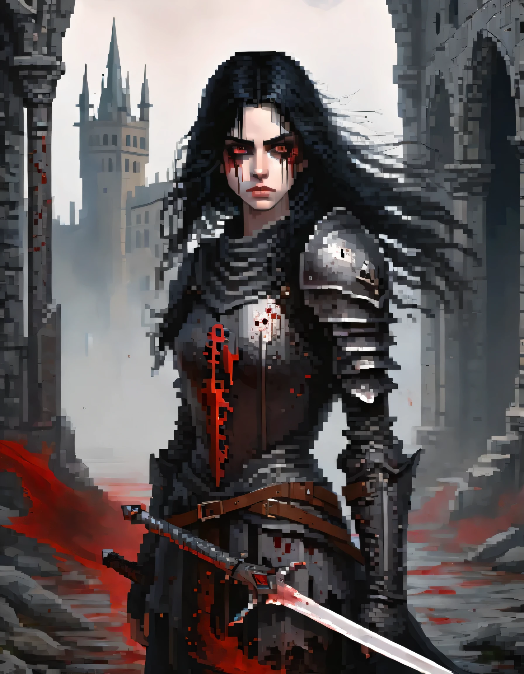 A girl with long, flowing black hair and piercing red eyes, wearing tattered and battle-worn medieval armor, standing in the midst of a dark, gothic landscape. She holds a massive, bloodied sword in her hand, and her face shows a mix of determination and fierceness. The scene is depicted in a highly detailed and realistic style, with ultra-detailed armor and intricate engravings on the sword. The colors are dark and muted, with a stark contrast between the girl's pale skin and the deep red of her eyes. The lighting casts eerie shadows and highlights the girl's features, creating a sense of haunting beauty. The overall image quality is (best quality, 4k, 8k, highres, masterpiece:1.2), with ultra-detailed (realistic, photorealistic, photo-realistic:1.37) rendering. The art style is inspired by the concept of "horror" and draws influences from gothic and dark fantasy aesthetics.