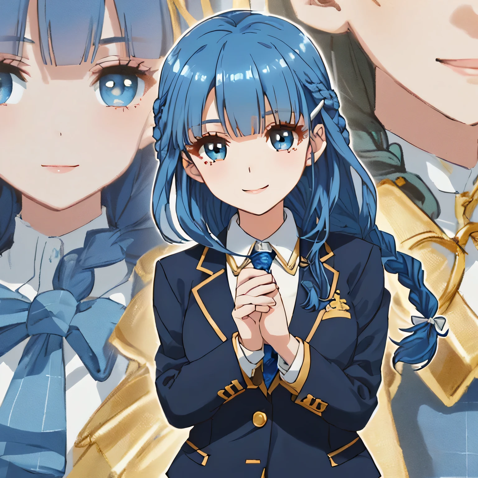 highest quality, (masterpiece:1.2), very detailed, A standing figure of a girl looking at me with a gentle and cute expression and smiling., Glossy lips that make you want to kiss, nice smile, (((Very cute big blue eyes and detailed details)), (((blue hair))), , long braids, big shiny golden hair clip, school uniform, Dark blue and navy plaid skirt, ((Luxurious navy blazer with a golden patch on the left chest)), ((big school ribbon tie)), very shiny hair、laughter、bright look、Both face and hair catch the light and shine, The corners of the eyes are drooping, Cute braids, The expression of a maiden in love, (((Twin braided hair))), The long skirt fabric has a beautiful deep blue checkered pattern...., double eyelid, ((long eyelashes and long lower eyelashes)), ((bust is not big)), the background is pure white, less bangs, Photographed from diagonally in front