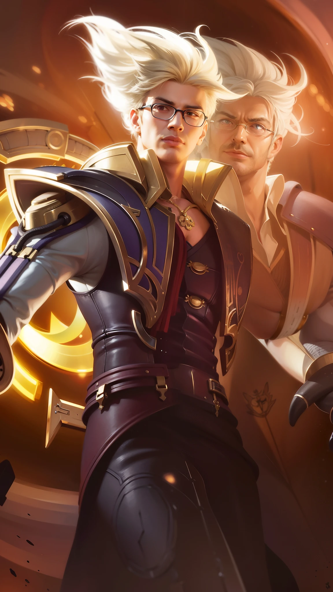 (Intricate Details, Masterpiece, Best Quality, High Resolution, 8k), (1man), (male:1.2), finely detailed eyes and face, toned body, masculine appeal, commanding presence, hot stud, bulging biceps and triceps, well-developed quadriceps and hamstrings, light skin, burgundy straight layered bangs hair, aquamarine eyes,  ornate details,  portrait, solo, half shot, looking down, detailed background, detailed face, (cogpunkai, cogpunk theme:1.1),  tech-mage,   [magic|technology], melding of spellcraft and advanced technology,  intricate [spellcasting clotheechanical gear], gear shaped glyphs,  ancient crystals,  [gears|ancient spell],  floating particles,  [innovative|enchanting] aura, high tech vehicle in background,   , finely detailed background, Depth of Field, VFX, young man and handsome, wearing glasses