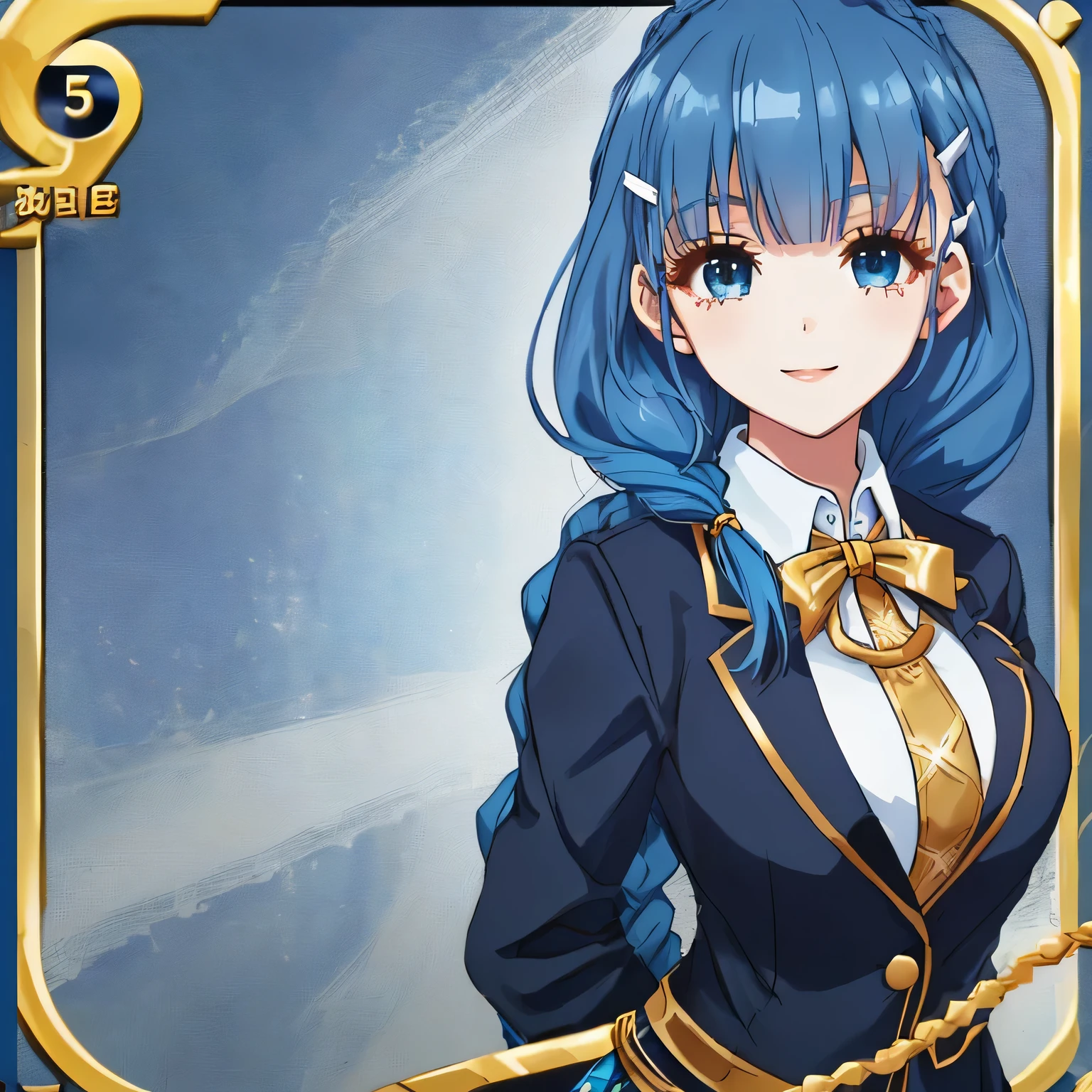 highest quality, (masterpiece:1.2), very detailed, A standing figure of a girl looking at me with a gentle and cute expression and smiling., Glossy lips that make you want to kiss, nice smile, (((Very cute big blue eyes and detailed details)), (((blue hair))), , long braids, big shiny golden hair clip, school uniform, Dark blue and navy plaid skirt, ((Luxurious navy blazer with a golden patch on the left chest)), ((big school ribbon tie)), very shiny hair、laughter、bright look、Both face and hair catch the light and shine, The corners of the eyes are drooping, Cute braids, The expression of a maiden in love, (((Twin braided hair))), The long skirt fabric has a beautiful deep blue checkered pattern...., double eyelid, ((long eyelashes and long lower eyelashes)), ((bust is not big)), the background is pure white, less bangs, Photographed from diagonally in front