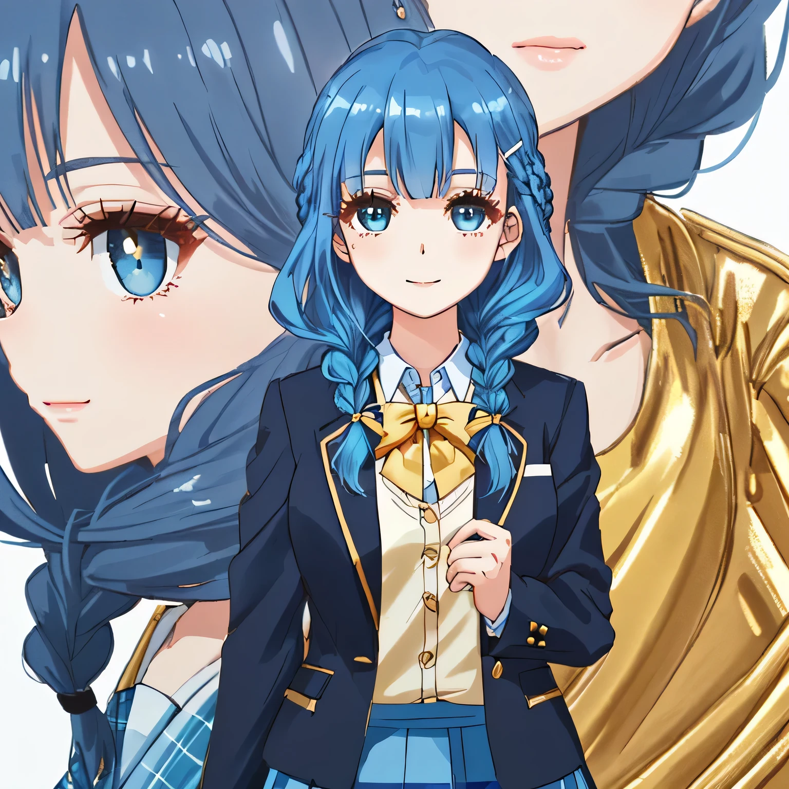 highest quality, (masterpiece:1.2), very detailed, A standing figure of a girl looking at me with a gentle and cute expression and smiling., Glossy lips that make you want to kiss, nice smile, (((Very cute big blue eyes and detailed details)), (((blue hair))), , long braids, big shiny golden hair clip, school uniform, Dark blue and navy plaid skirt, ((Luxurious navy blazer with a golden patch on the left chest)), ((big school ribbon tie)), very shiny hair、laughter、bright look、Both face and hair catch the light and shine, The corners of the eyes are drooping, Cute braids, The expression of a maiden in love, (((Twin braided hair))), The long skirt fabric has a beautiful deep blue checkered pattern...., double eyelid, ((long eyelashes and long lower eyelashes)), ((bust is not big)), the background is pure white, less bangs, Photographed from diagonally in front